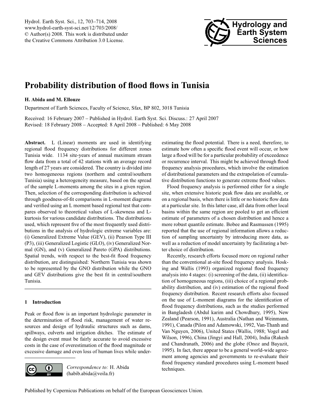 Probability Distribution of Flood Flows in Tunisia