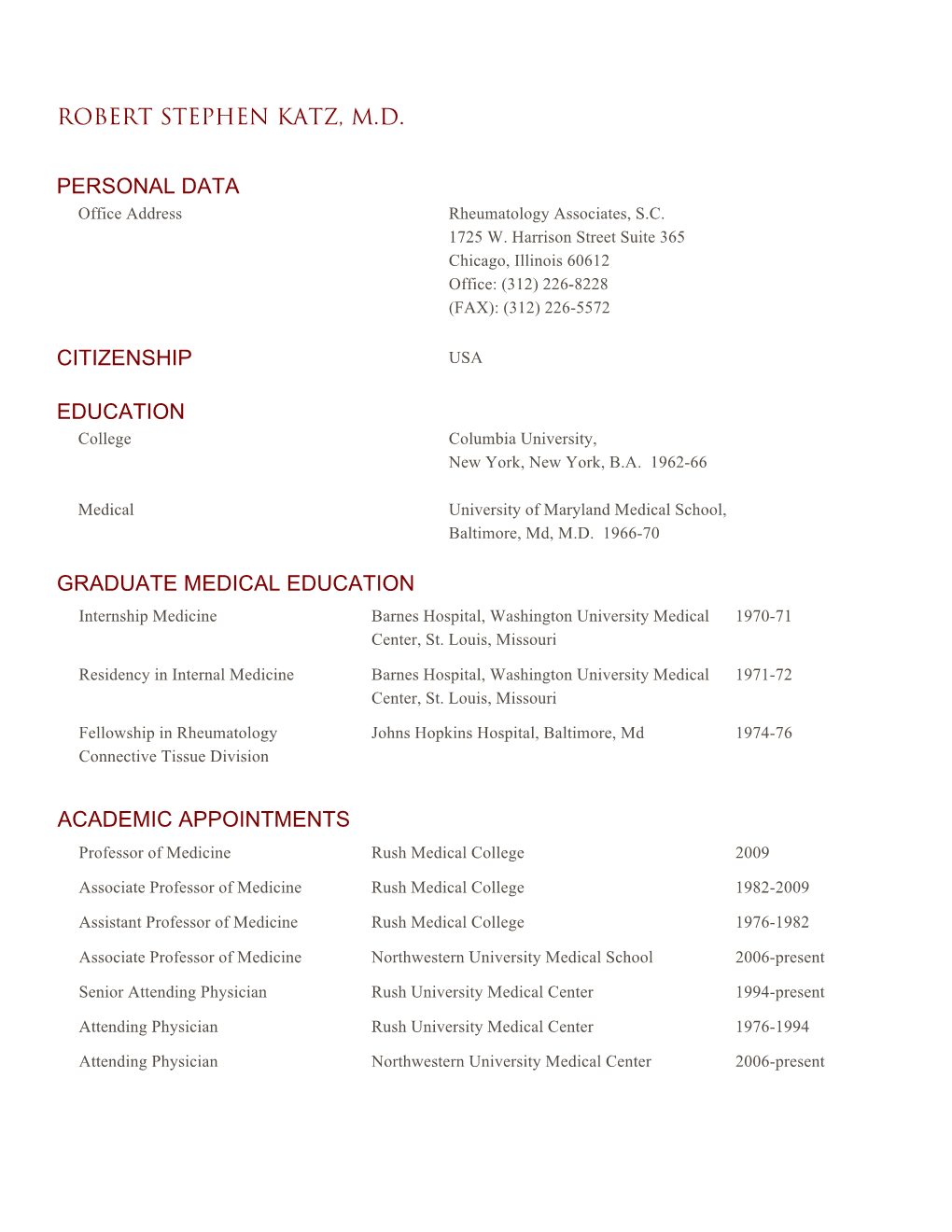 Long Curriculum Vitae for Dr. Katz