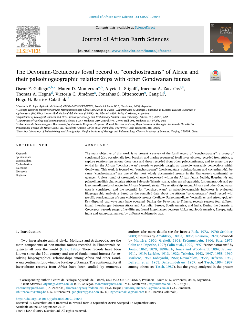 The Devonian-Cretaceous Fossil Record of “Conchostracans” of Africa and T Their Paleobiogeographic Relationships with Other Gondwanan Faunas ∗ Oscar F