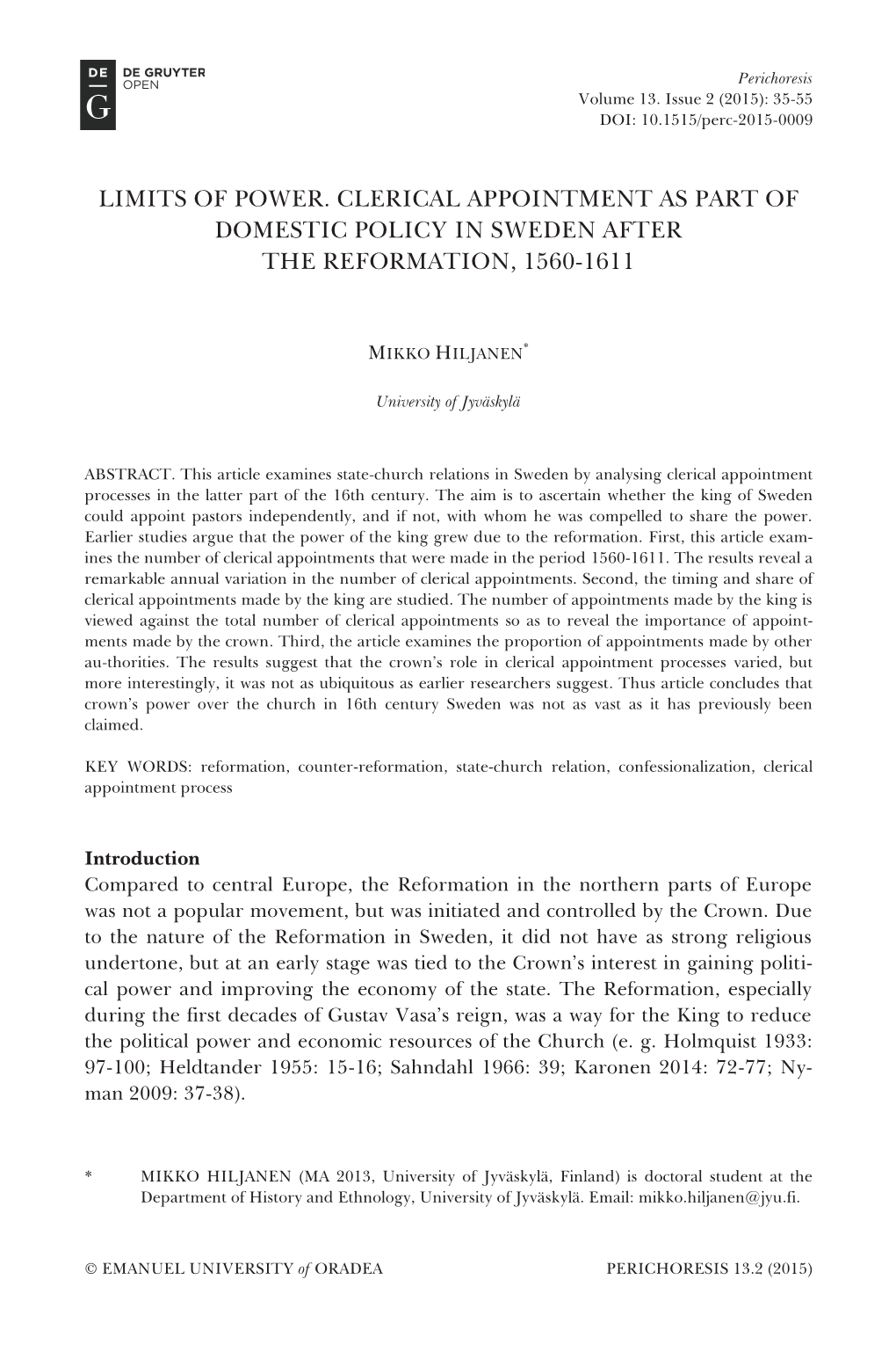 Limits of Power. Clerical Appointment As Part of Domestic Policy in Sweden After the Reformation, 1560-1611