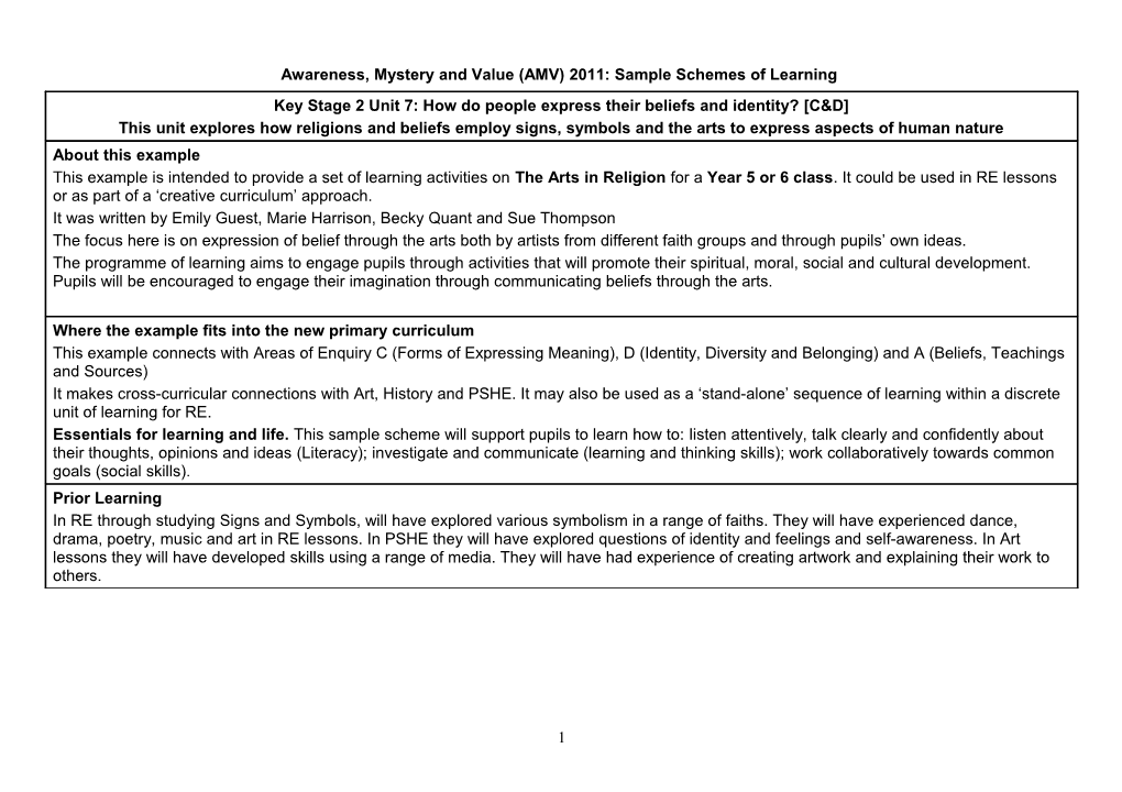 Awareness, Mystery and Value (AMV) 2011: Sample Schemes of Learning