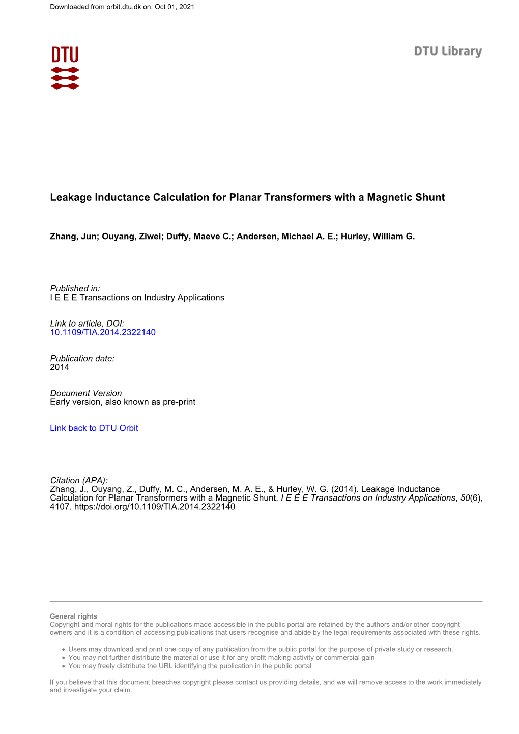 Leakage Inductance Calculation for Planar Transformers with a Magnetic Shunt