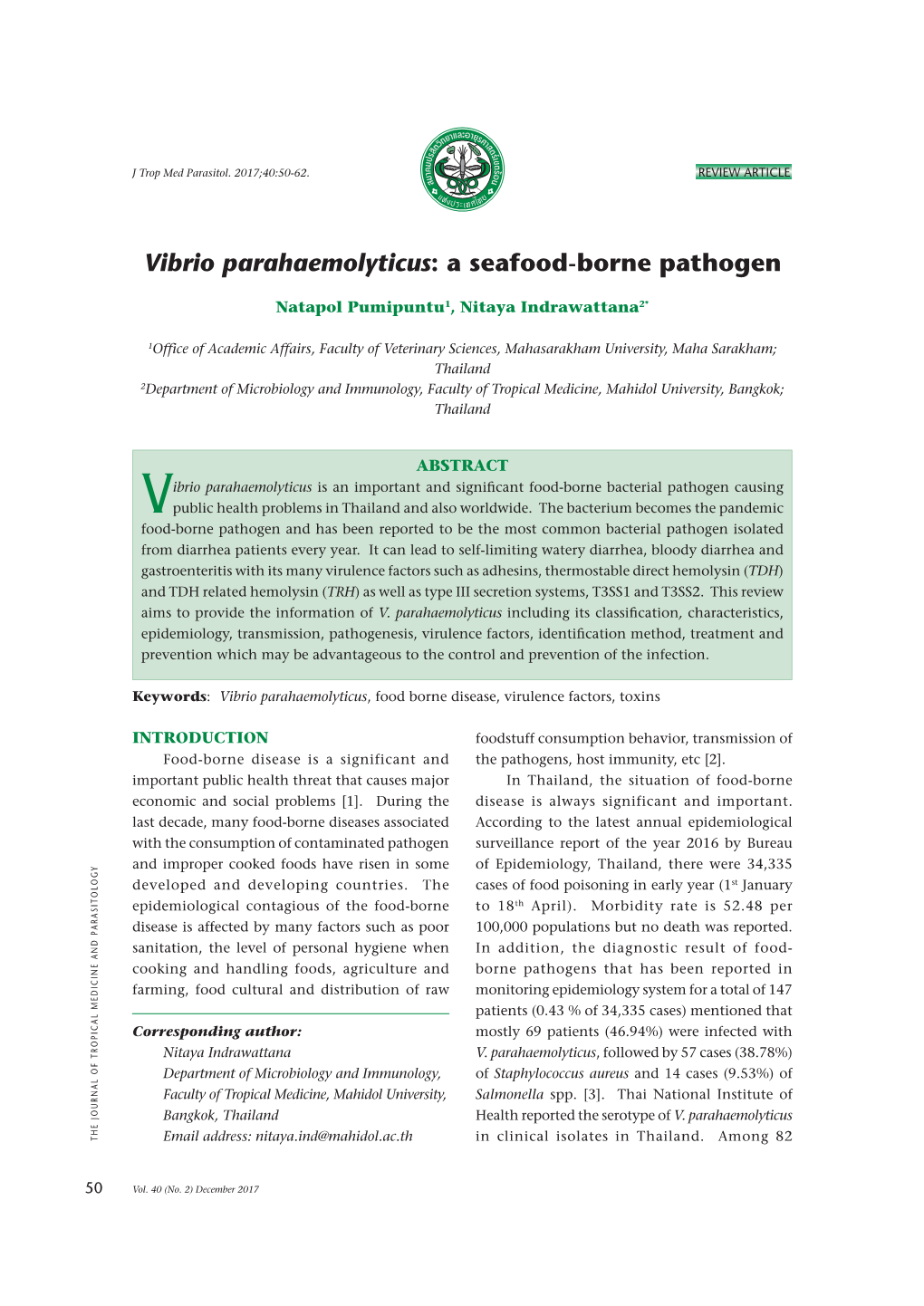 Vibrio Parahaemolyticus: a Seafood-Borne Pathogen