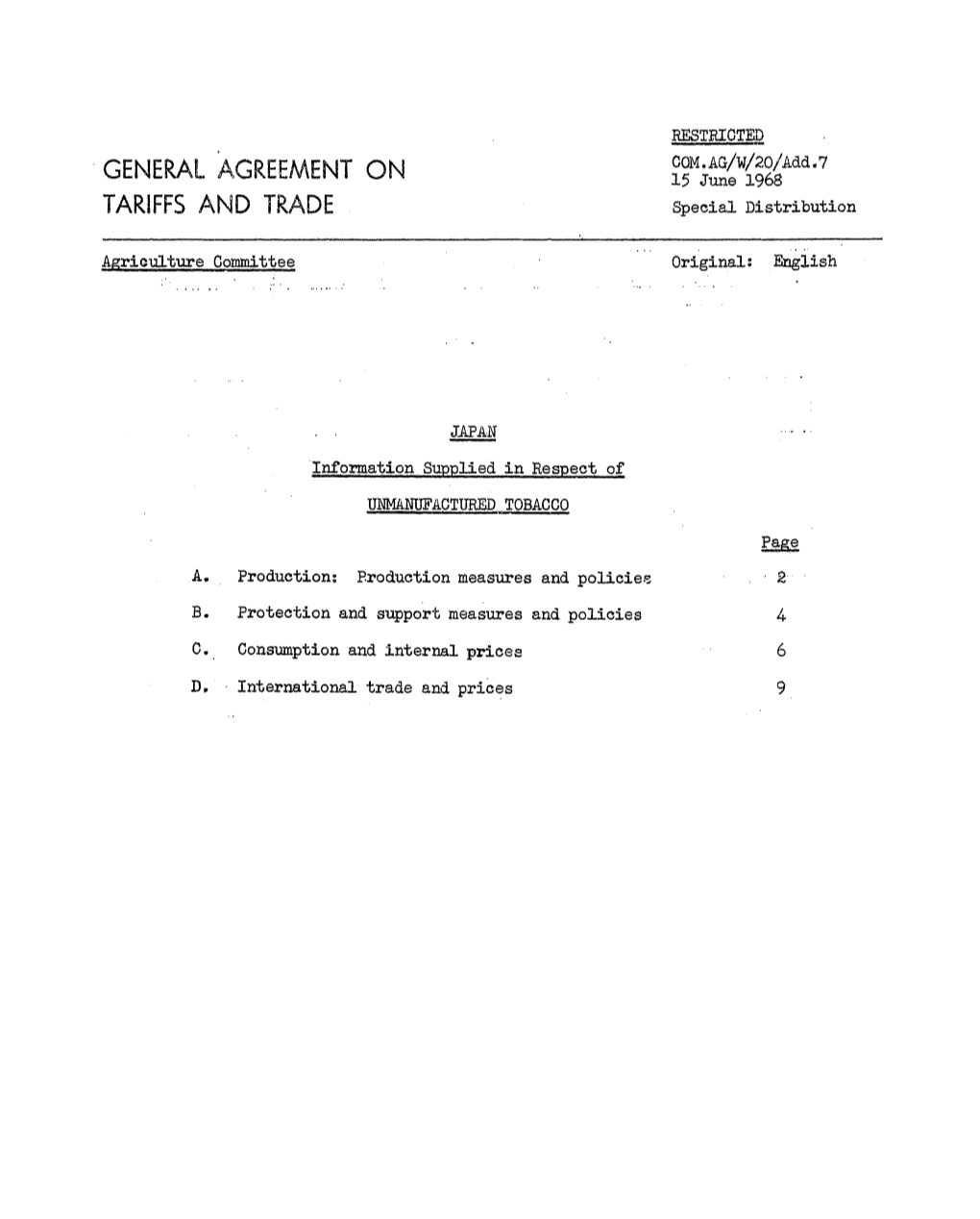 GENERAL AGREEMENT on 15 June 1968 TARIFFS and TRADE Special Distribution