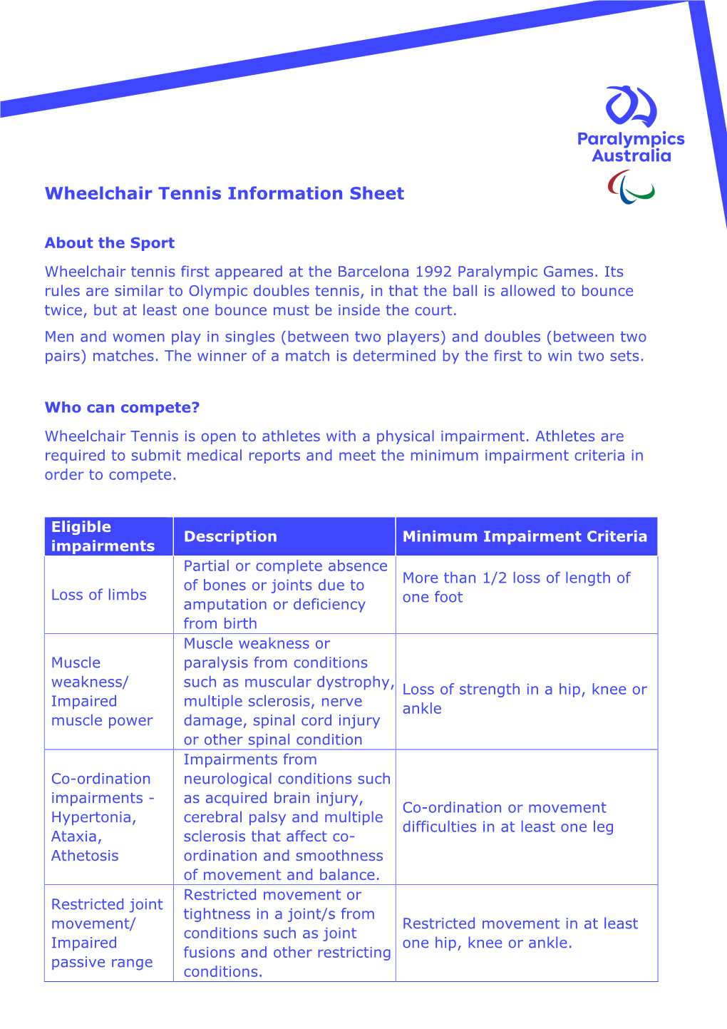 Wheelchair Tennis Information Sheet