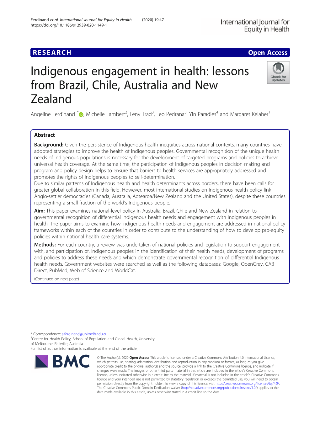 Indigenous Engagement in Health: Lessons from Brazil, Chile, Australia