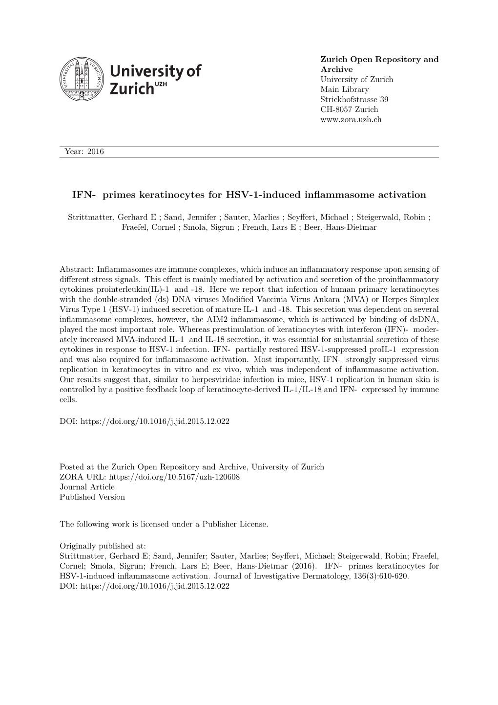 IFN-Γ Primes Keratinocytes for HSV-1-Induced Inflammasome Activation