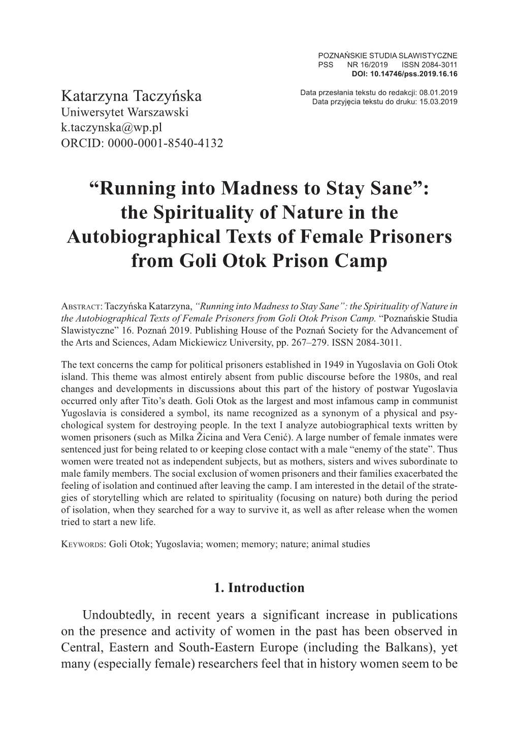 “Running Into Madness to Stay Sane”: the Spirituality of Nature in the Autobiographical Texts of Female Prisoners from Goli Otok Prison Camp