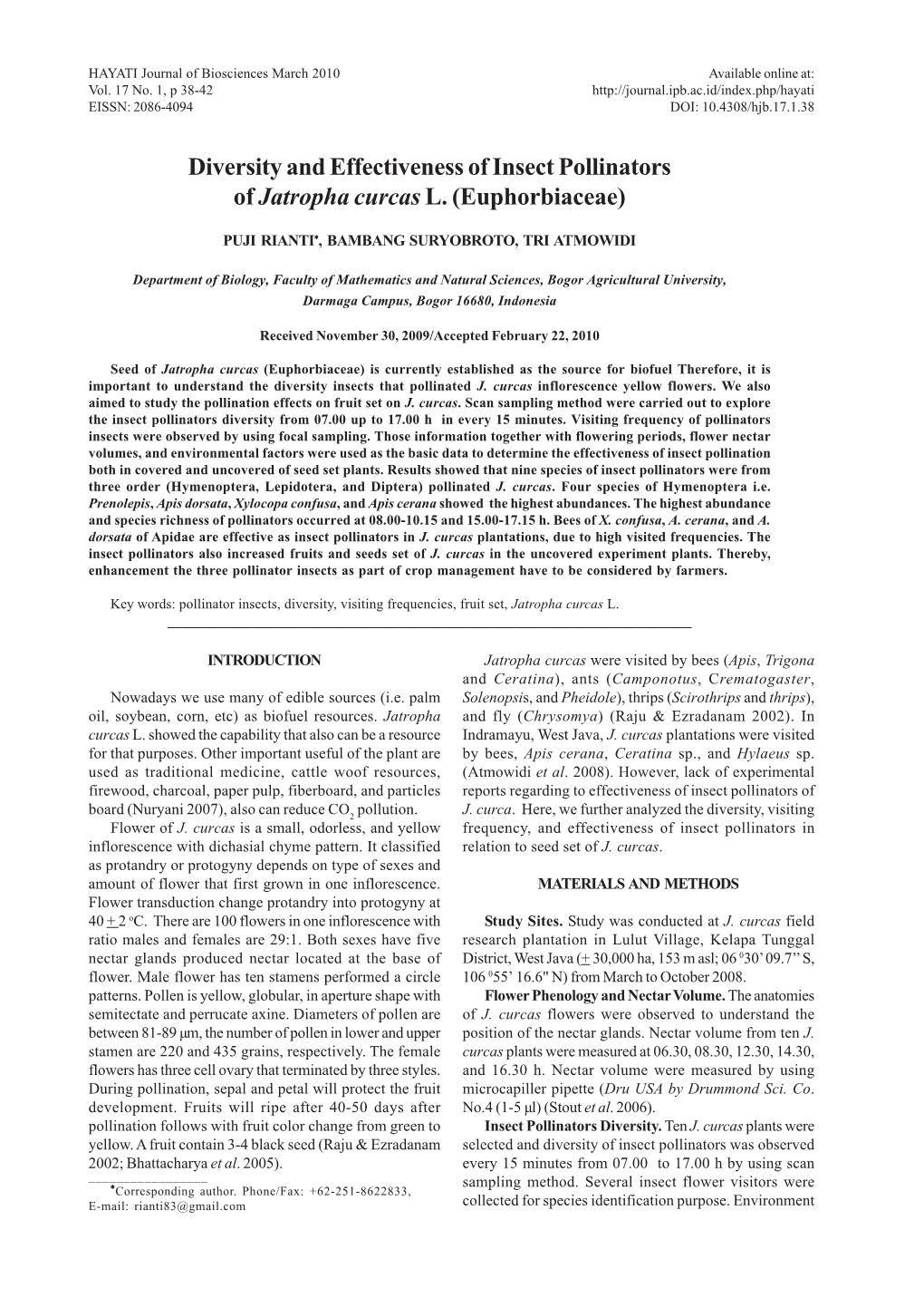 Diversity and Effectiveness of Insect Pollinators of Jatropha Curcas L