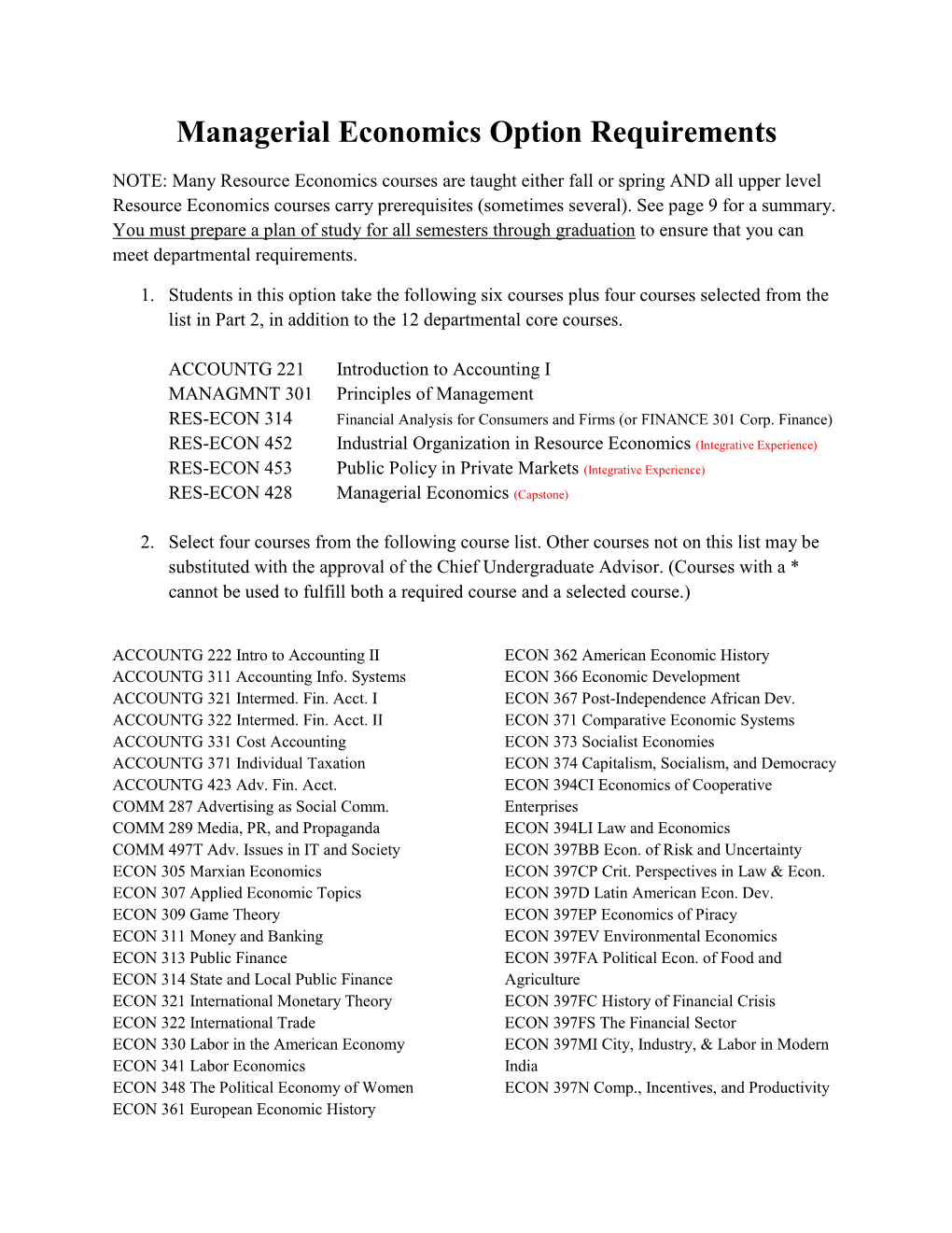 Managerial Economics Option Requirements