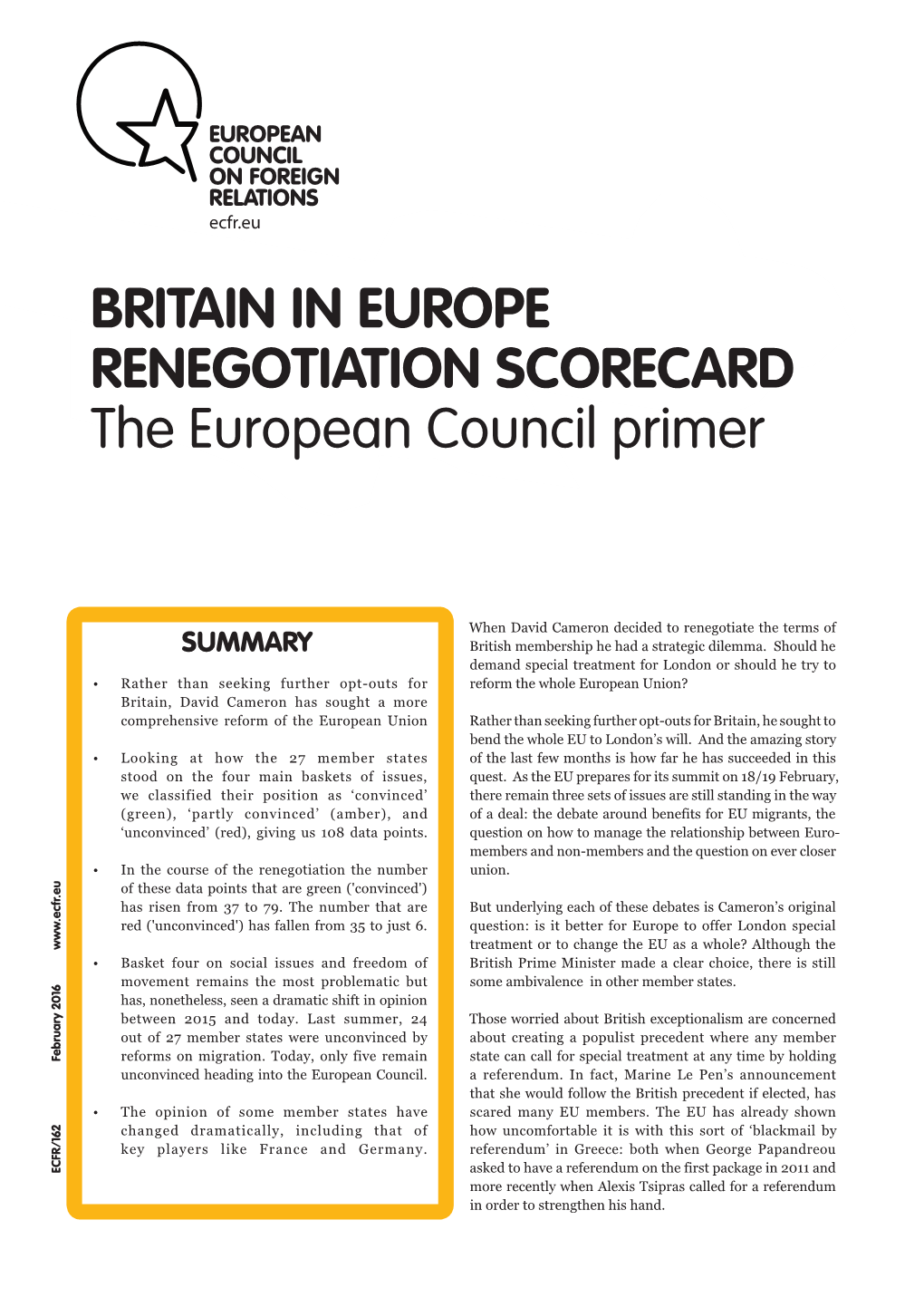 Britain in Europe Renegotiation Scorecard Is a (France)