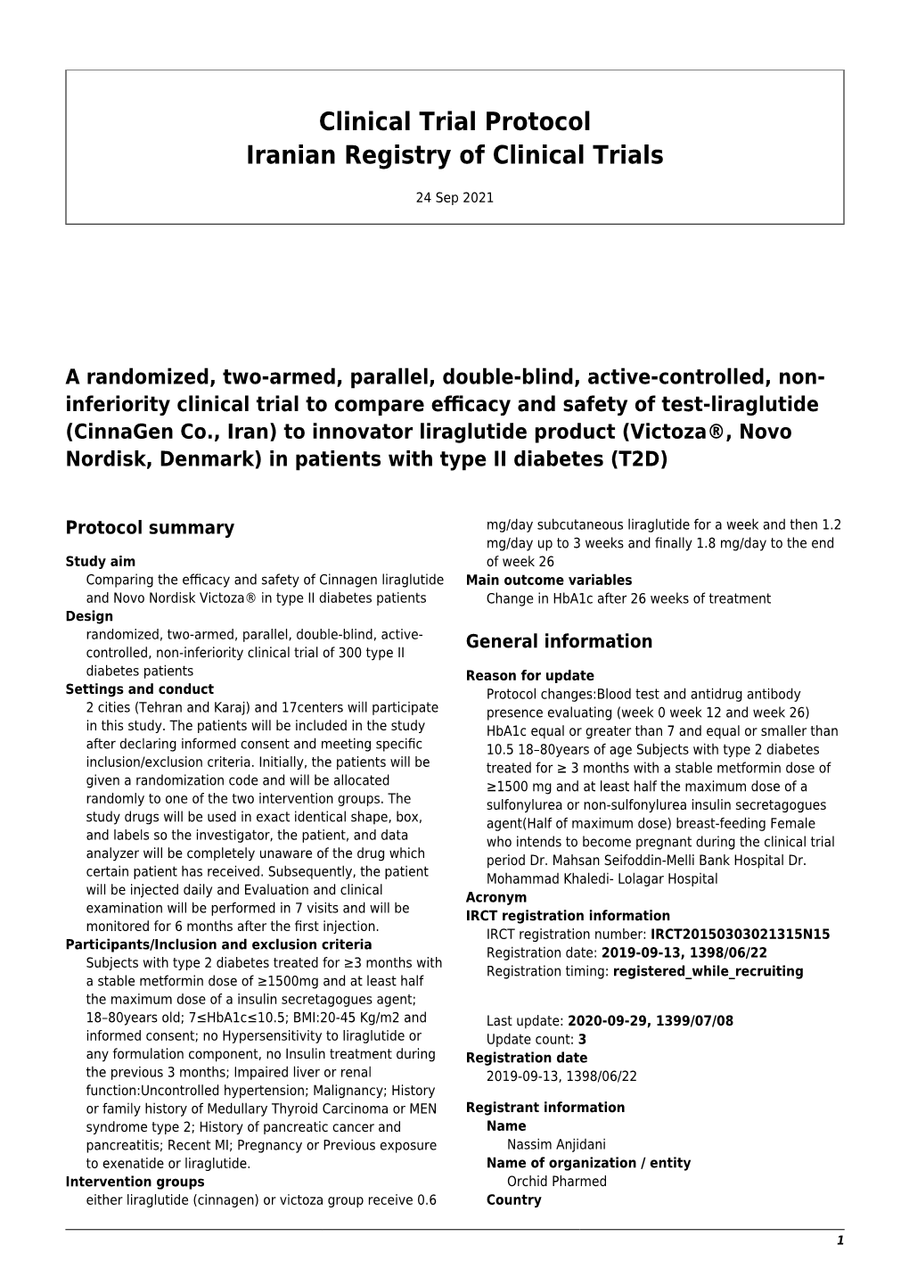 Clinical Trial Protocol Iranian Registry of Clinical Trials