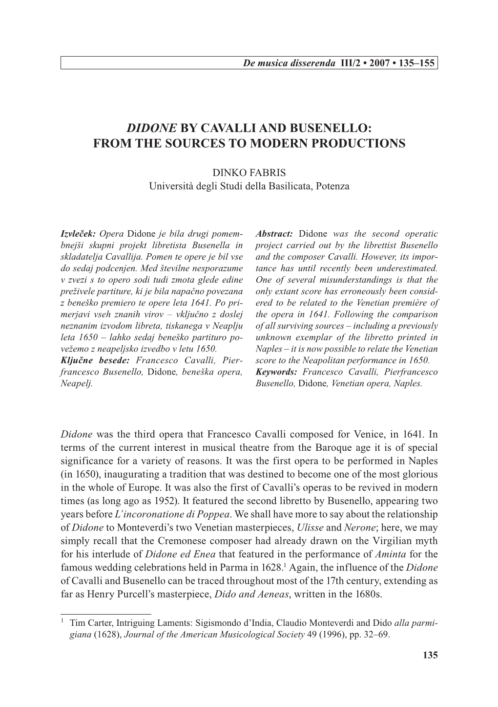 Didone by Cavalli and Busenello: from the Sources to Modern Productions