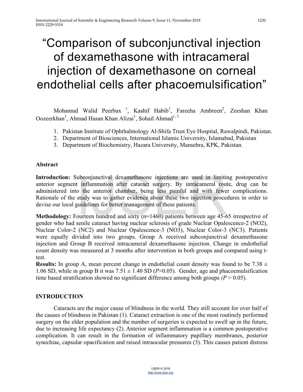 Comparison of Subconjunctival Injection of Dexamethasone with Intracameral Injection of Dexamethasone on Corneal Endothelial Cells After Phacoemulsification”