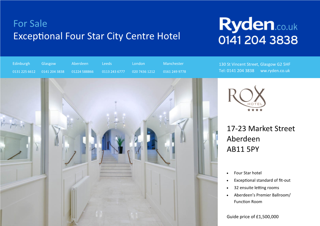 For Sale Exceptional Four Star City Centre Hotel