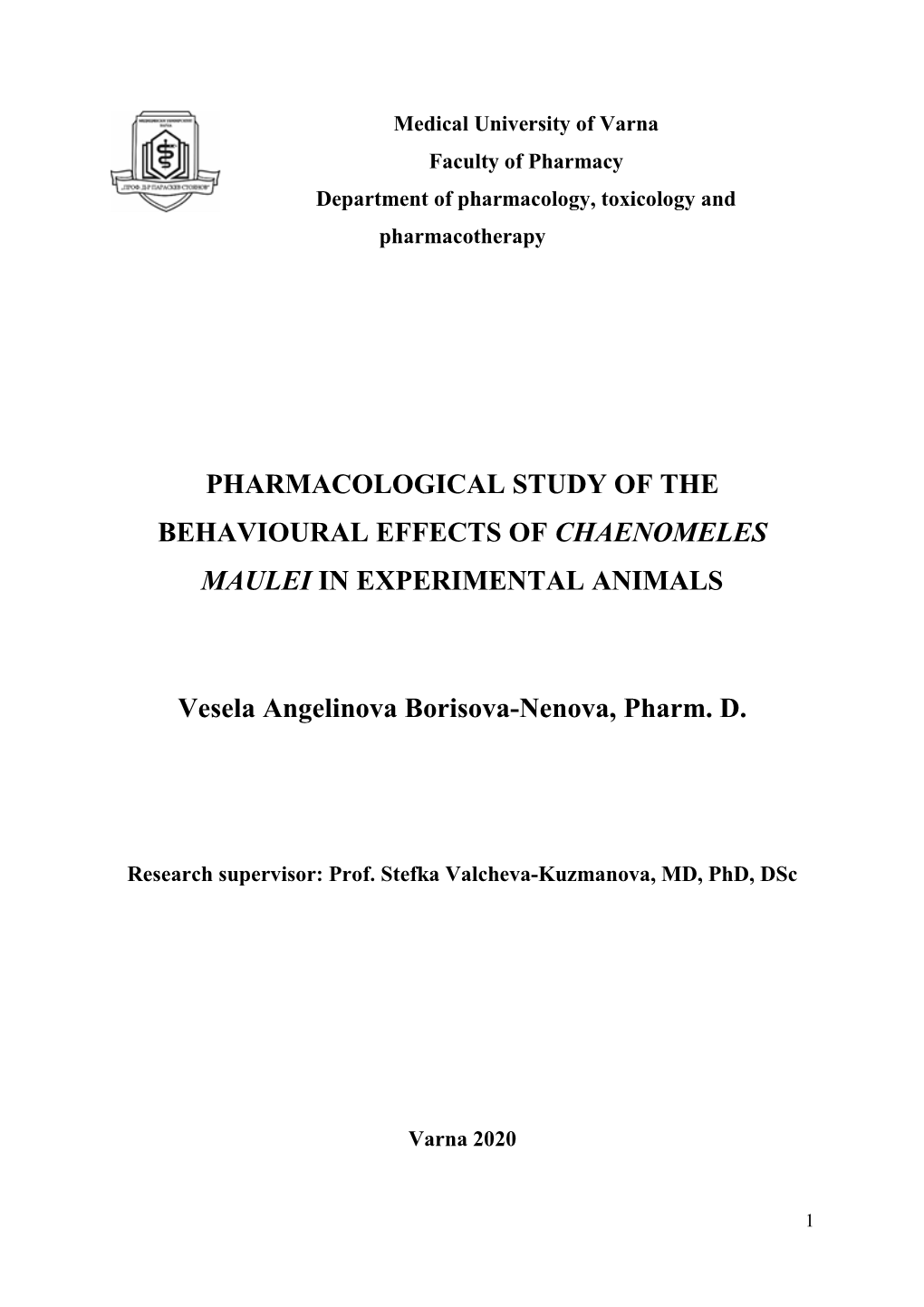 Pharmacological Study of the Behavioural Effects of Chaenomeles Maulei in Experimental Animals