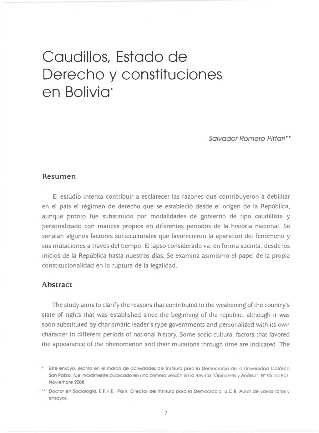 Caudillos, Estado De Derecho Y Constituciones En Bolivia'