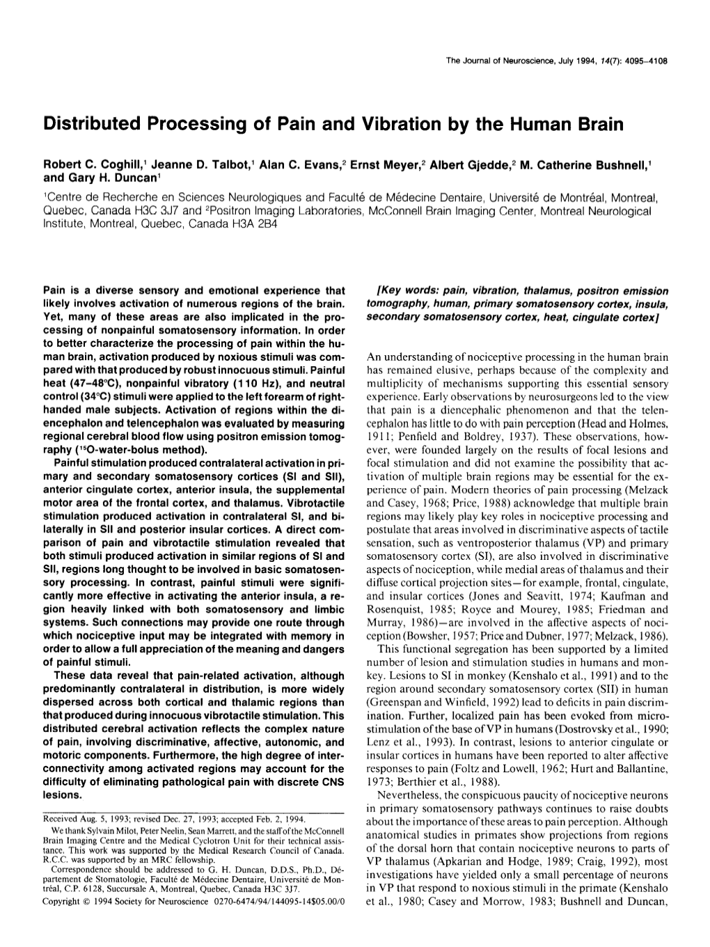 Distributed Processing of Pain and Vibration by the Human Brain