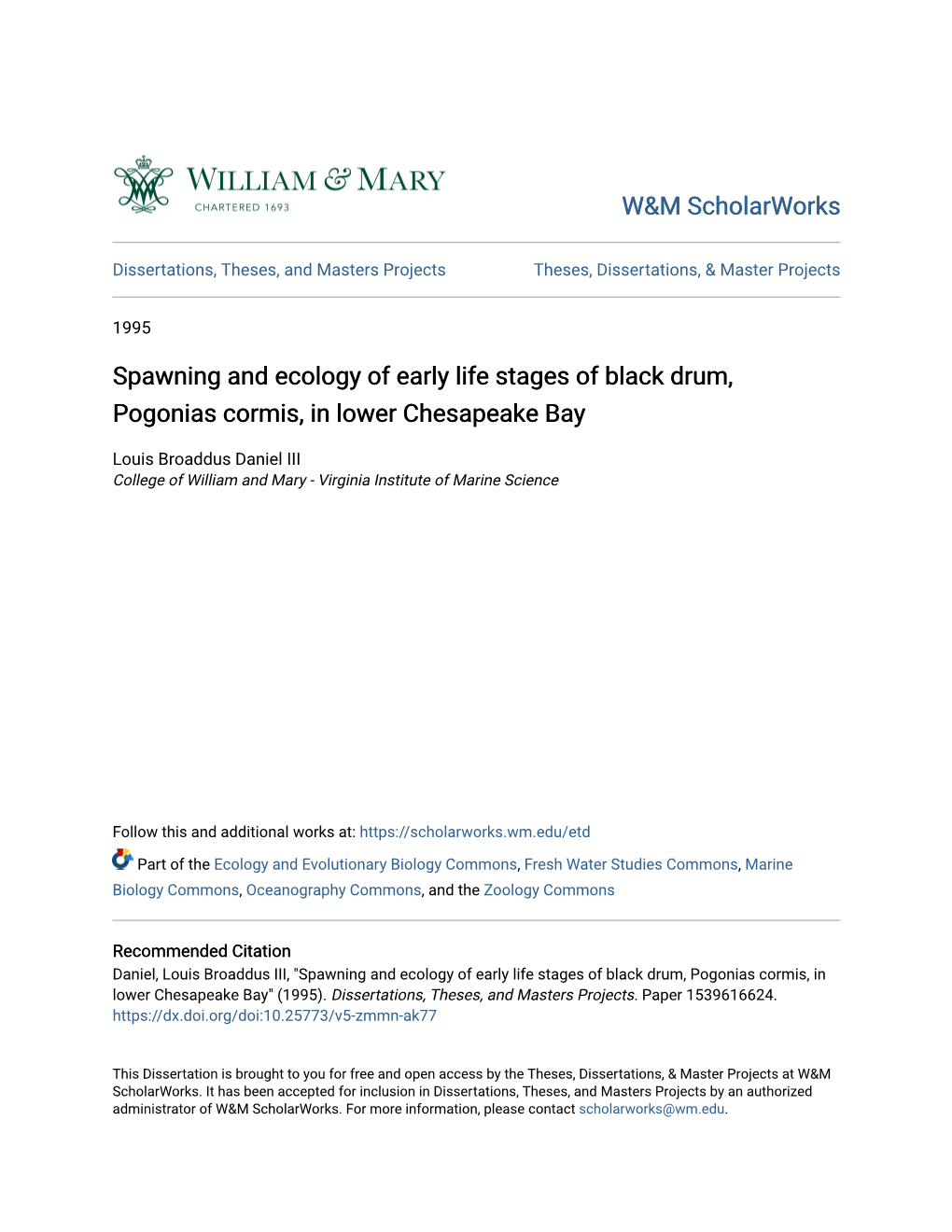 Spawning and Ecology of Early Life Stages of Black Drum, Pogonias Cormis, in Lower Chesapeake Bay