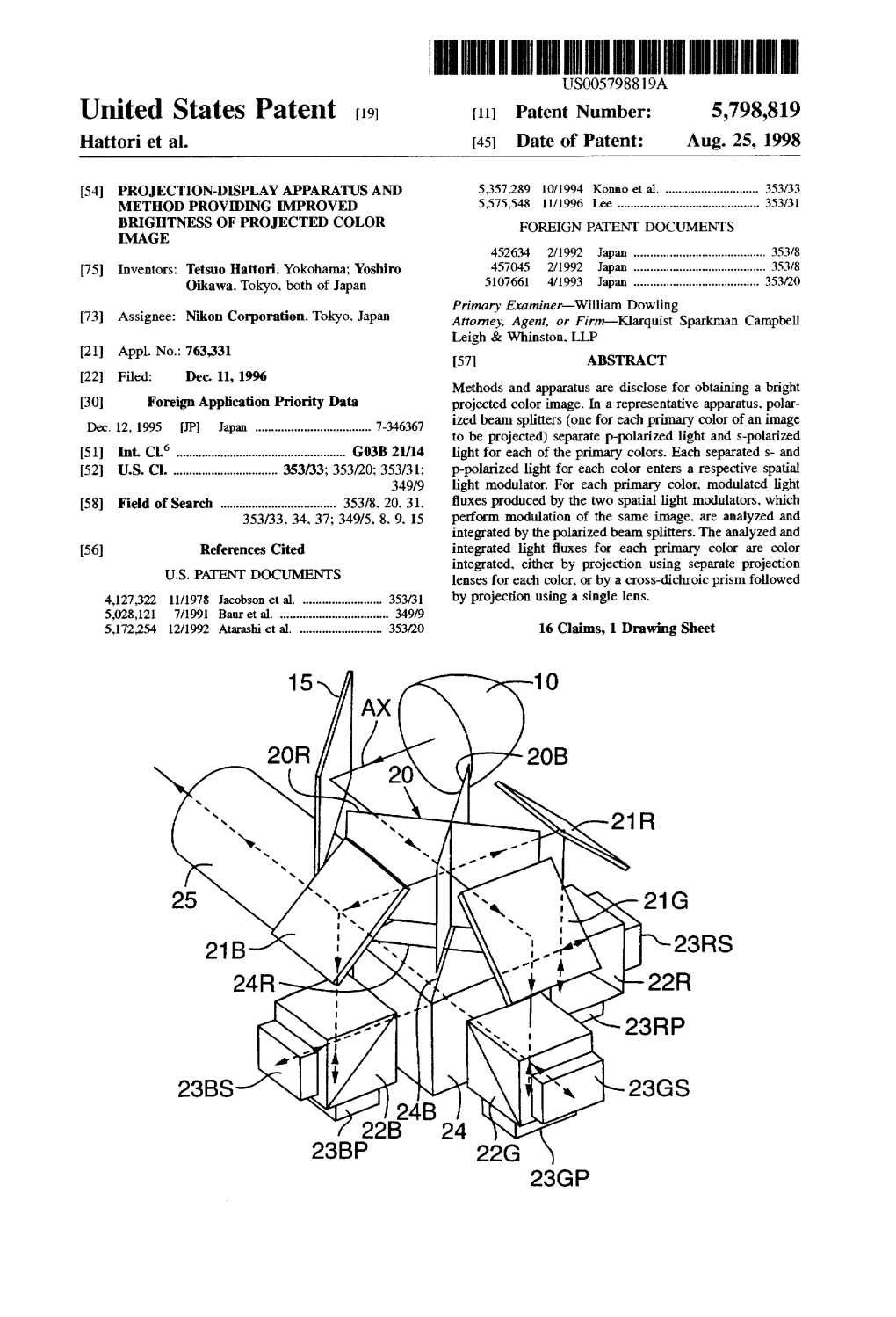United States Patent {19] [11] Patent Number: 5,798,819 Hattori Et A]