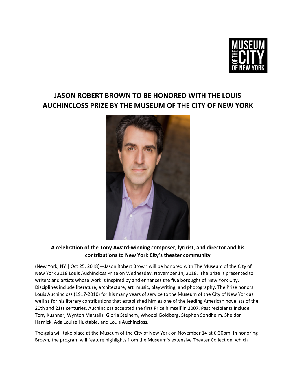 Jason Robert Brown to Be Honored with the Louis Auchincloss Prize by the Museum of the City of New York