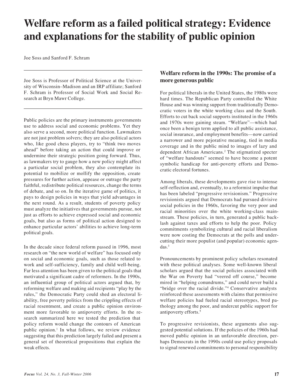 Welfare Reform As a Failed Political Strategy: Evidence and Explanations for the Stability of Public Opinion