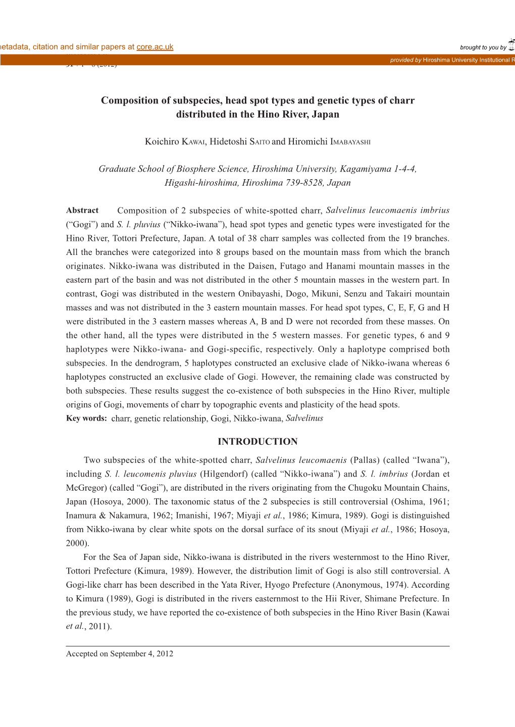 Composition of Subspecies, Head Spot Types and Genetic Types of Charr Distributed in the Hino River, Japan