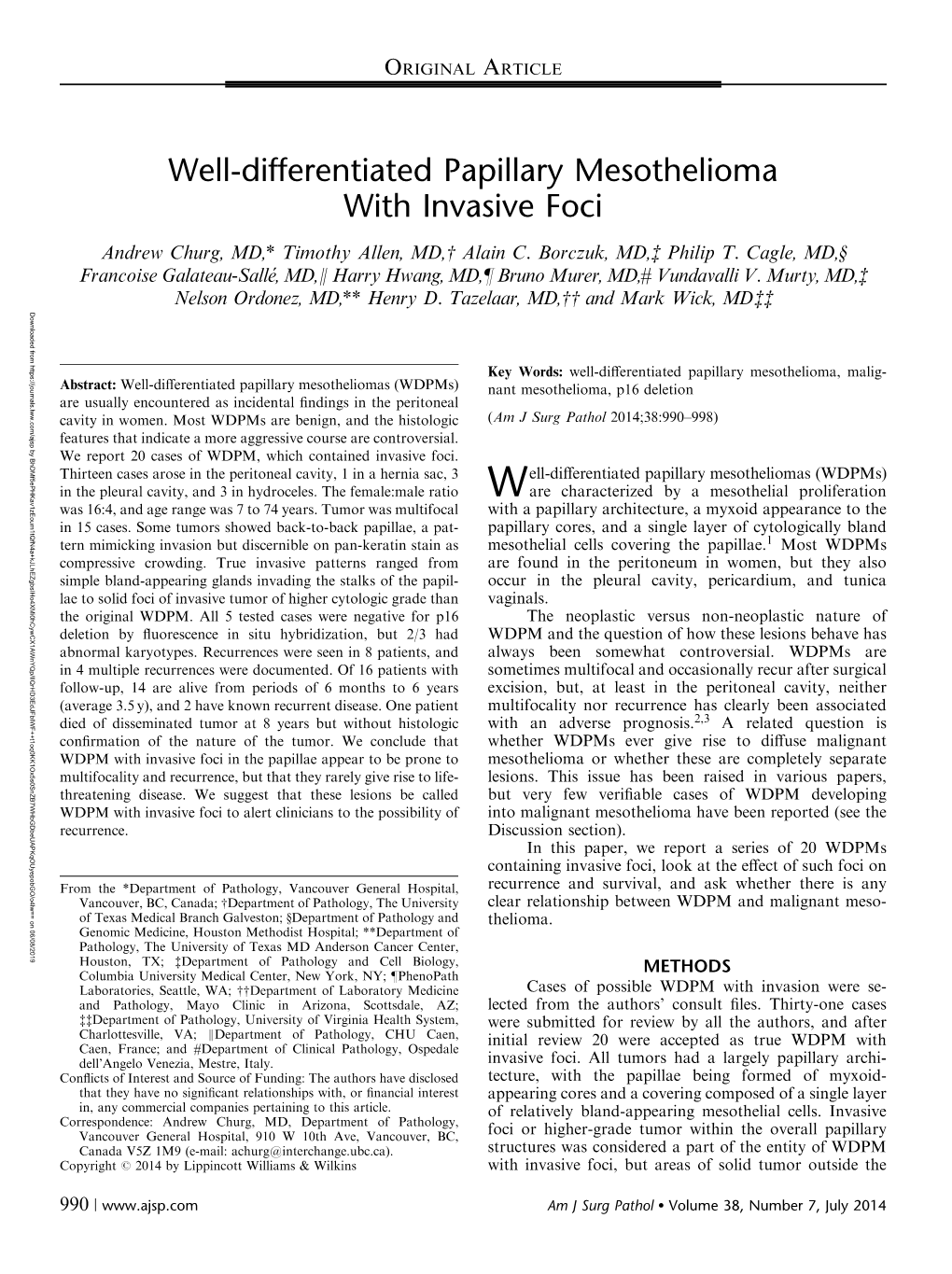 Well-Differentiated Papillary Mesothelioma with Invasive Foci