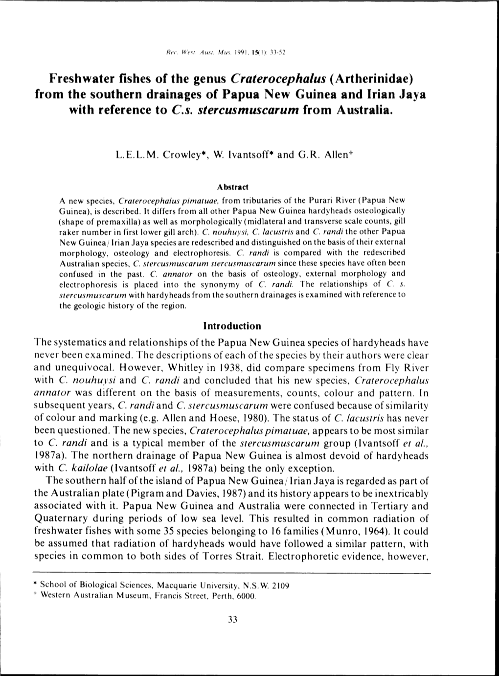 Freshwater Fishes of the Genus Craterocephalus (Artherinidae) from the Southern Drainages of Papua New Guinea and Irian Jaya with Reference to C.S