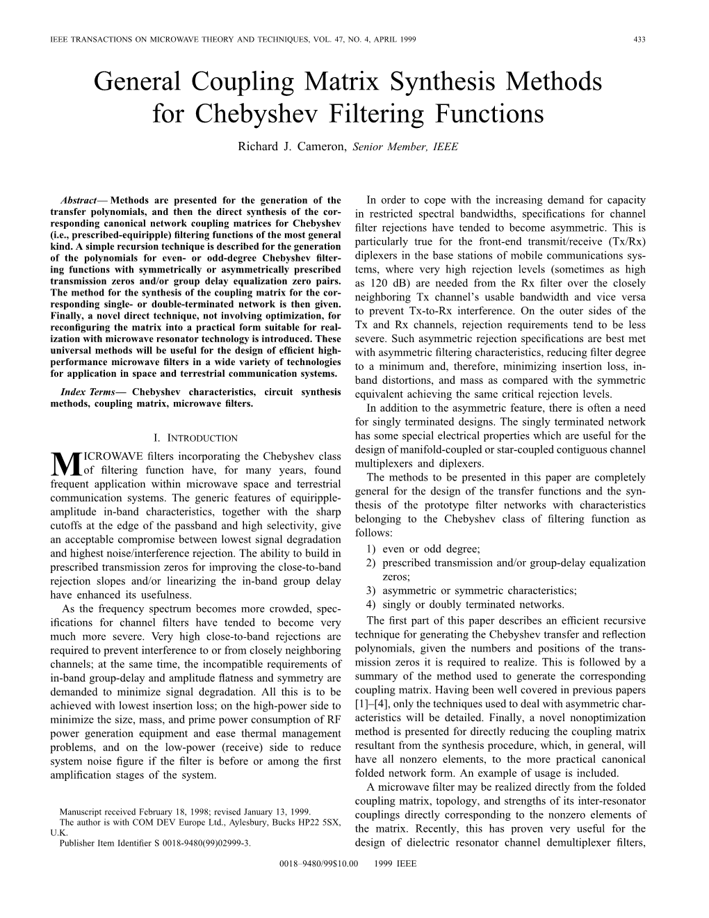 General Coupling Matrix Synthesis Methods for Chebyshev Filtering Functions