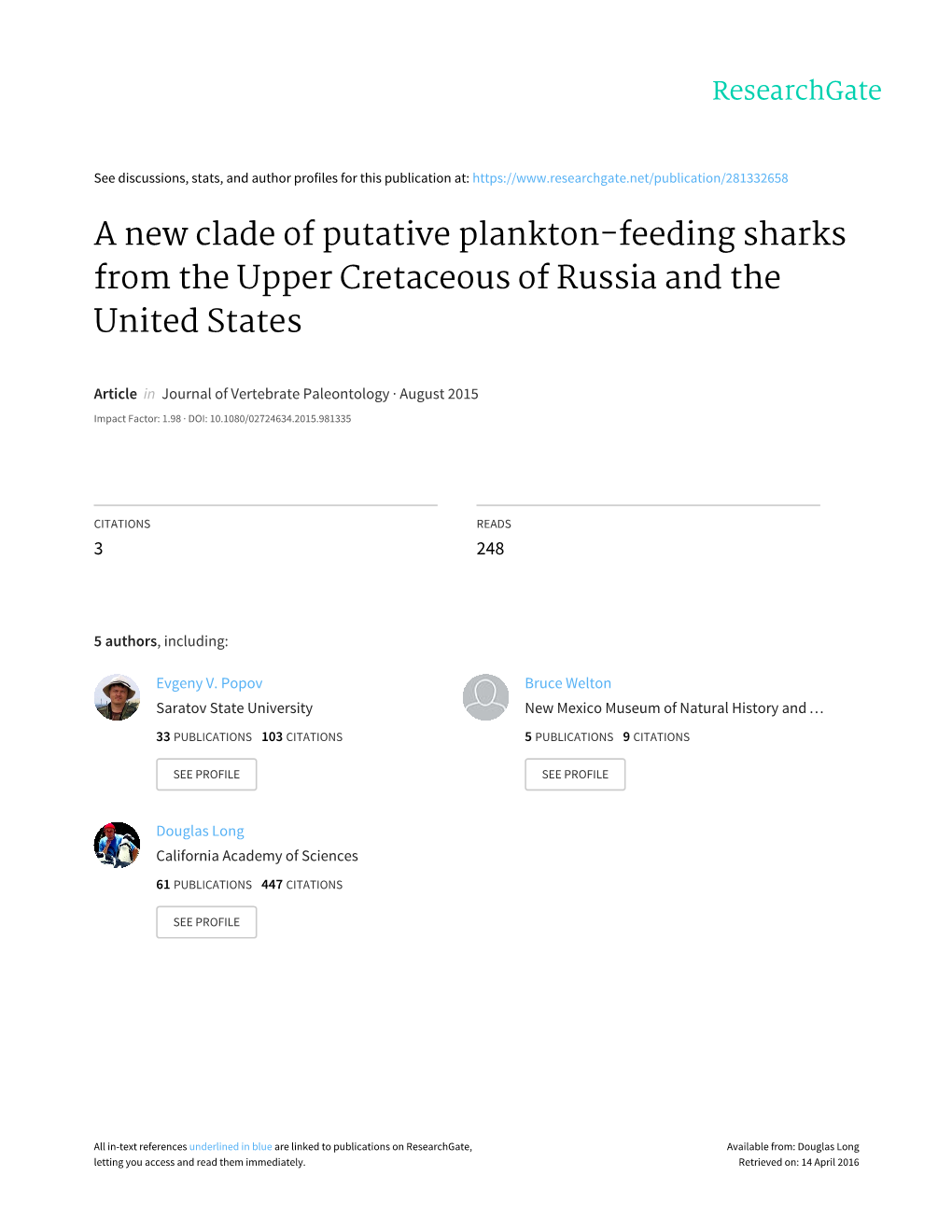 A New Clade of Putative Plankton-Feeding Sharks from the Upper Cretaceous of Russia and the United States