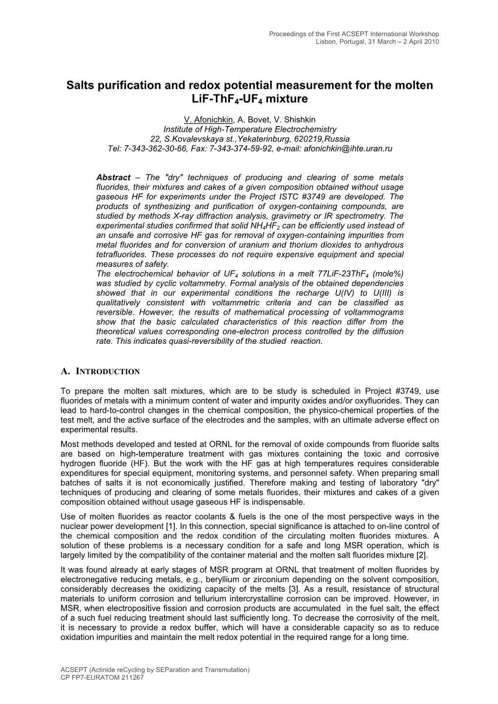 Salts Purification and Redox Potential Measurement for the Molten Lif-Thf4-UF4 Mixture