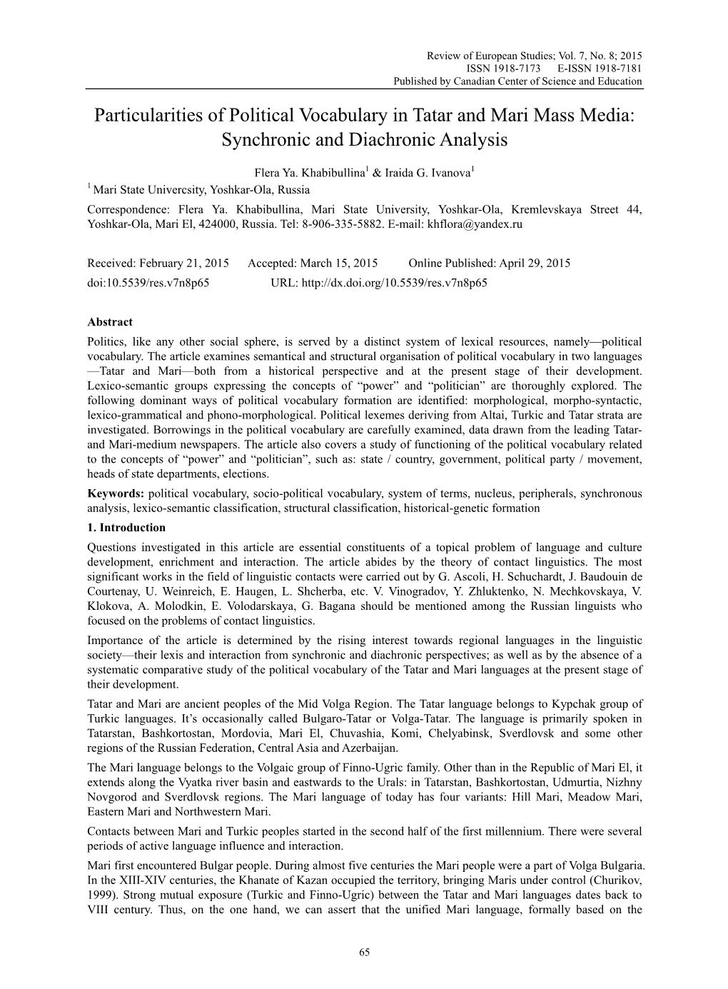 Particularities of Political Vocabulary in Tatar and Mari Mass Media: Synchronic and Diachronic Analysis