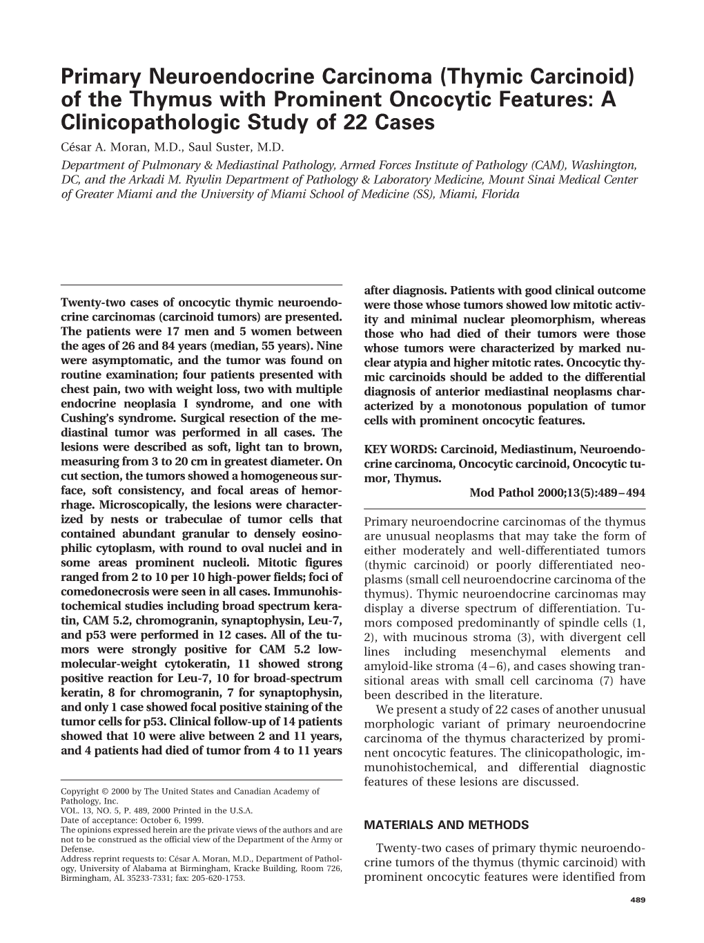 Primary Neuroendocrine Carcinoma (Thymic Carcinoid) of the Thymus with Prominent Oncocytic Features: a Clinicopathologic Study of 22 Cases Ce´Sar A