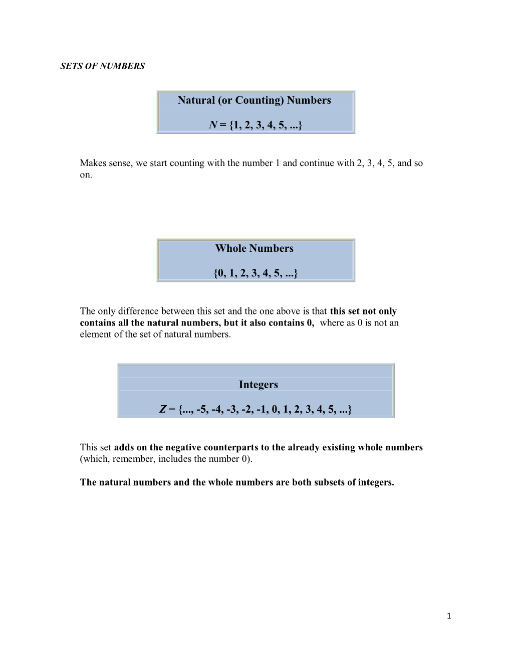 Natural (Or Counting) Numbers N = {1, 2, 3, 4, 5