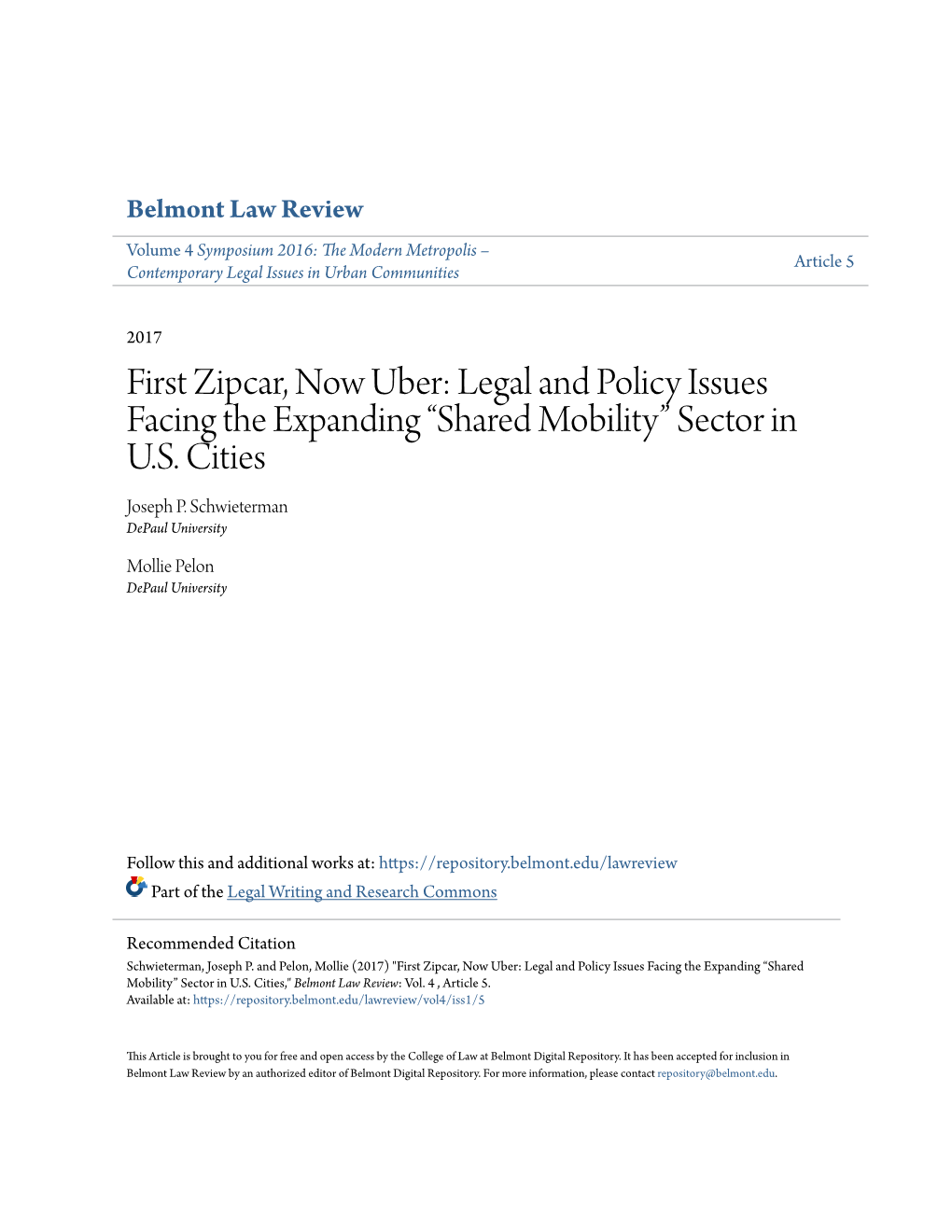 First Zipcar, Now Uber: Legal and Policy Issues Facing the Expanding “Shared Mobility” Sector in U.S