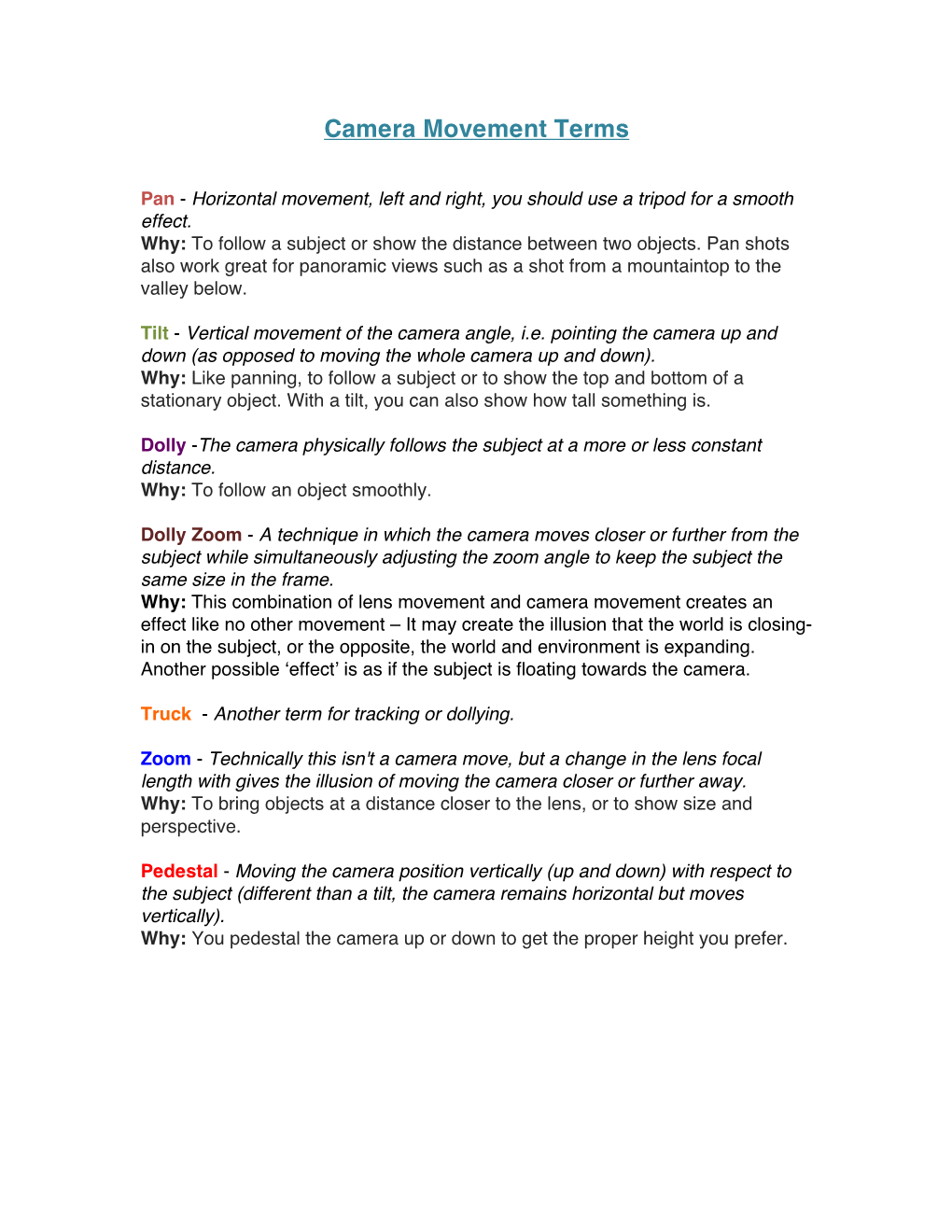 Camera Movement Terms