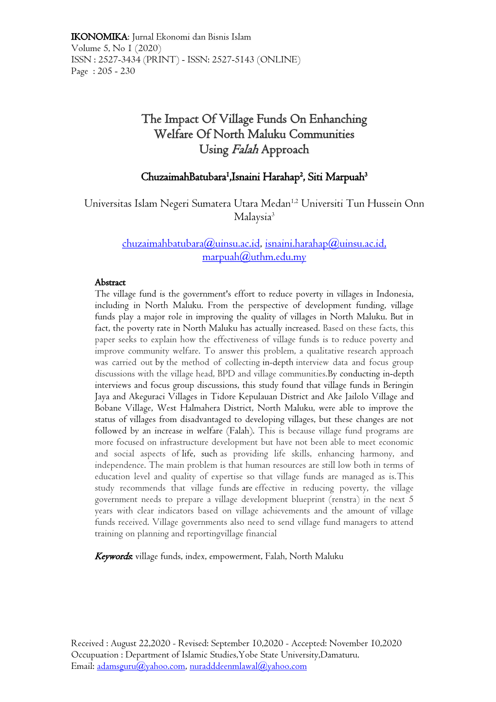 The Impact of Village Funds on Enhanching Welfare of North Maluku Communities Using Falah Approach