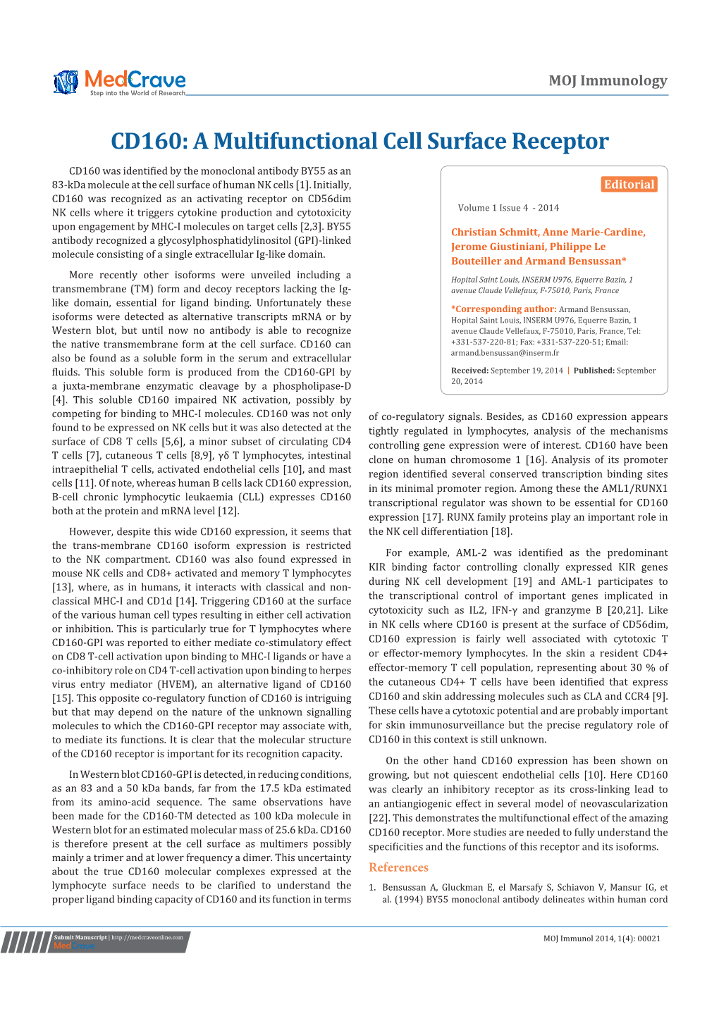 CD160: a Multifunctional Cell Surface Receptor