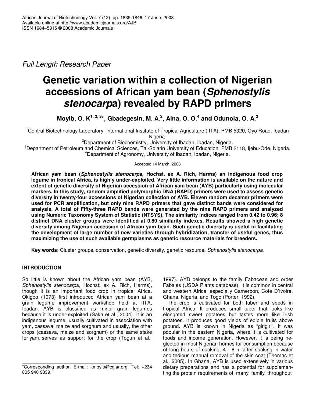 Genetic Variation Within a Collection of Nigerian Accessions of African Yam Bean (Sphenostylis Stenocarpa) Revealed by RAPD Primers