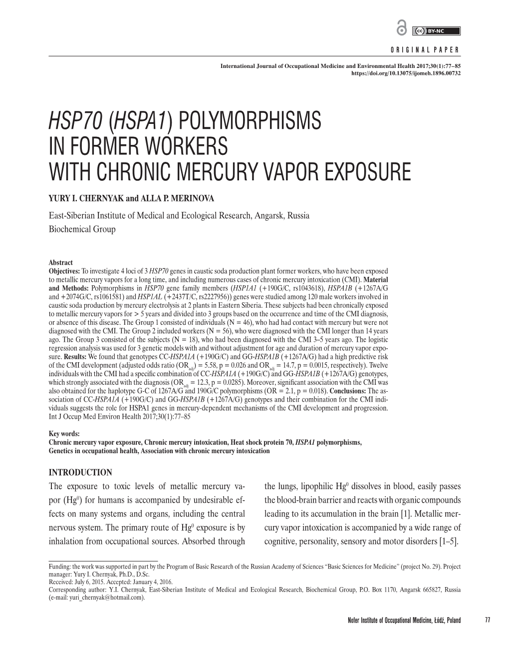 Hsp70 (Hspa1) Polymorphisms in Former Workers with Chronic Mercury Vapor Exposure Yury I