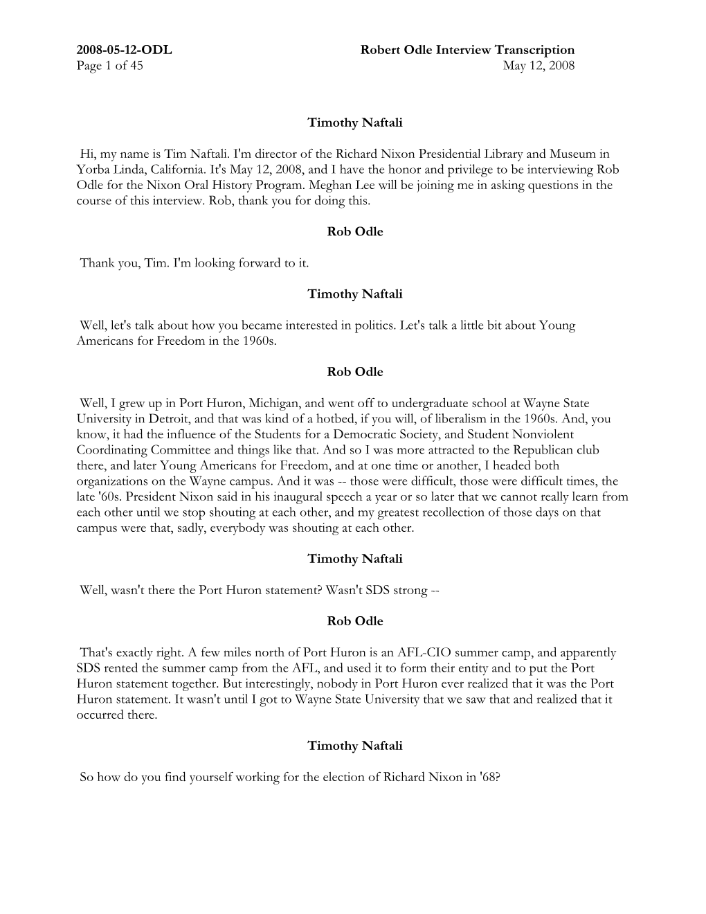 2008-05-12-ODL Robert Odle Interview Transcription Page 1 of 45 May 12, 2008