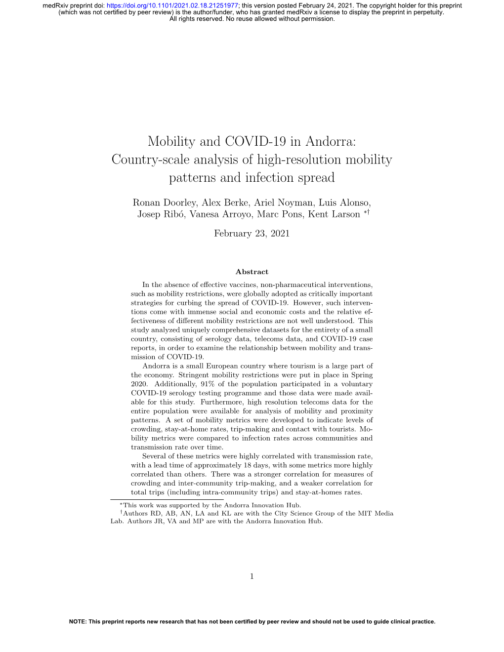 Mobility and COVID-19 in Andorra: Country-Scale Analysis of High-Resolution Mobility Patterns and Infection Spread