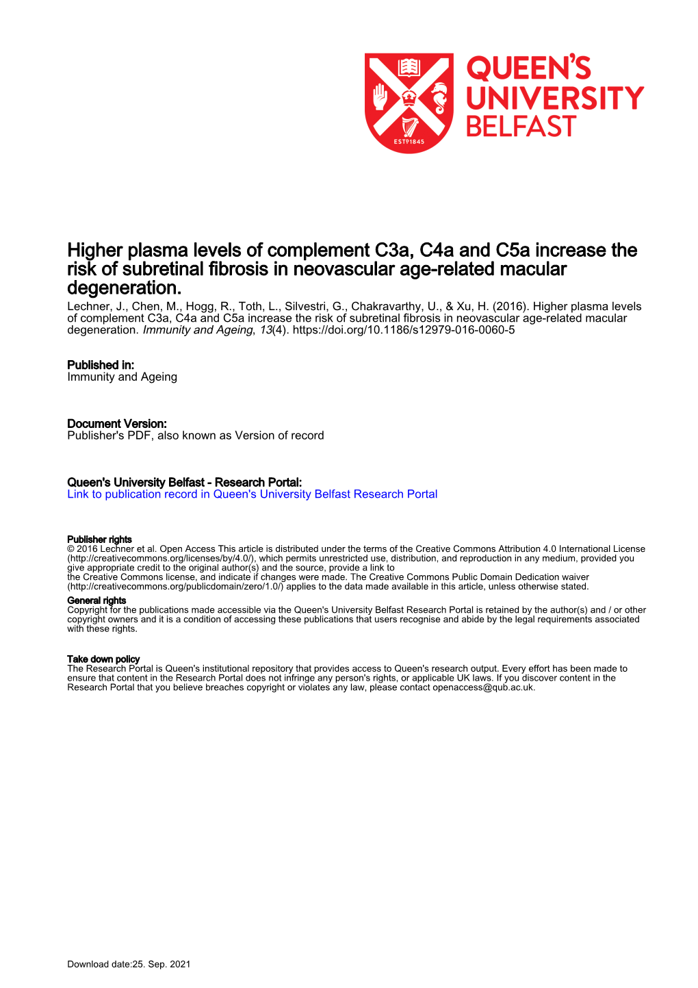 Higher Plasma Levels of Complement C3a, C4a and C5a Increase the Risk of Subretinal Fibrosis in Neovascular Age-Related Macular Degeneration