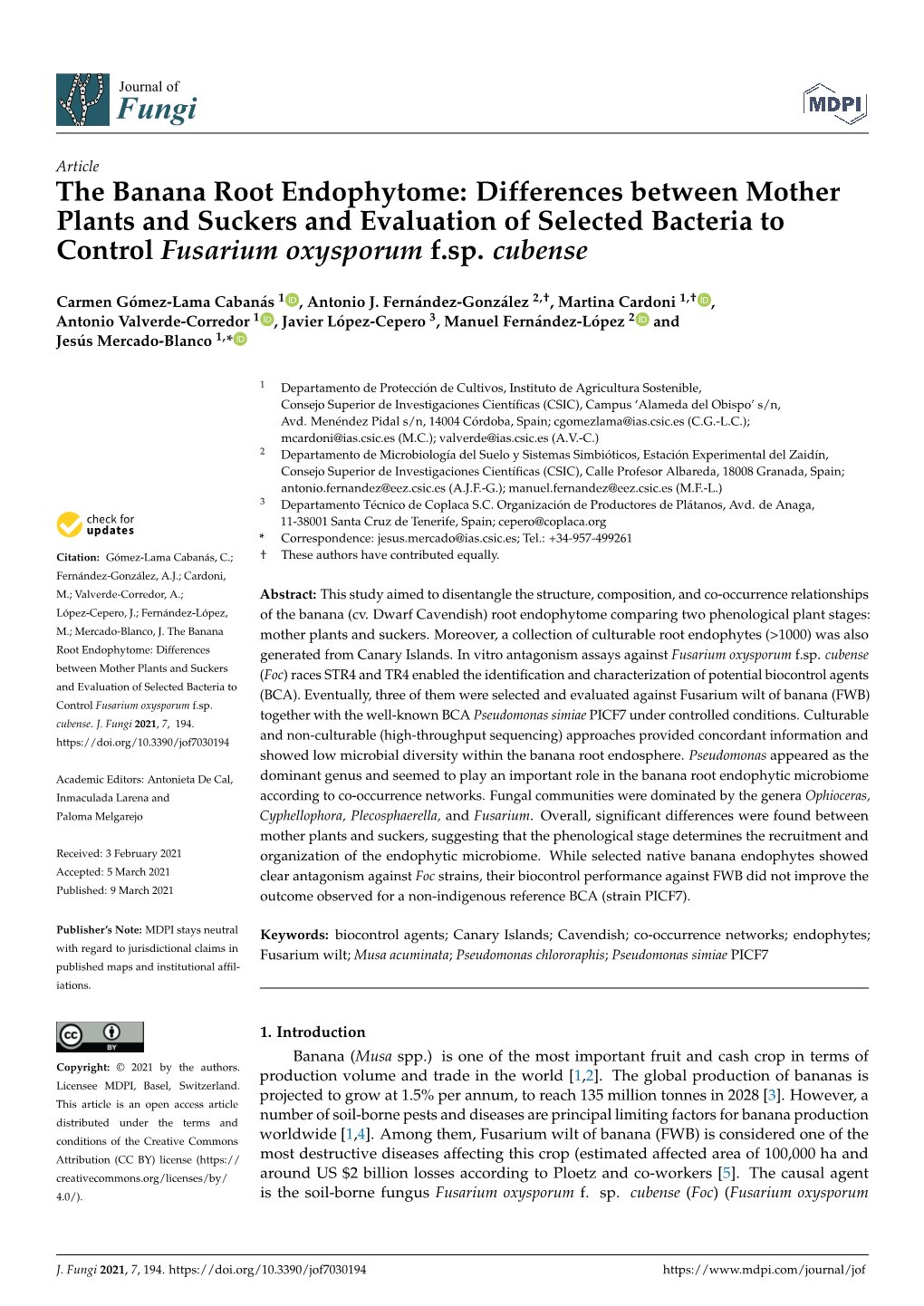 The Banana Root Endophytome: Differences Between Mother Plants and Suckers and Evaluation of Selected Bacteria to Control Fusarium Oxysporum F.Sp