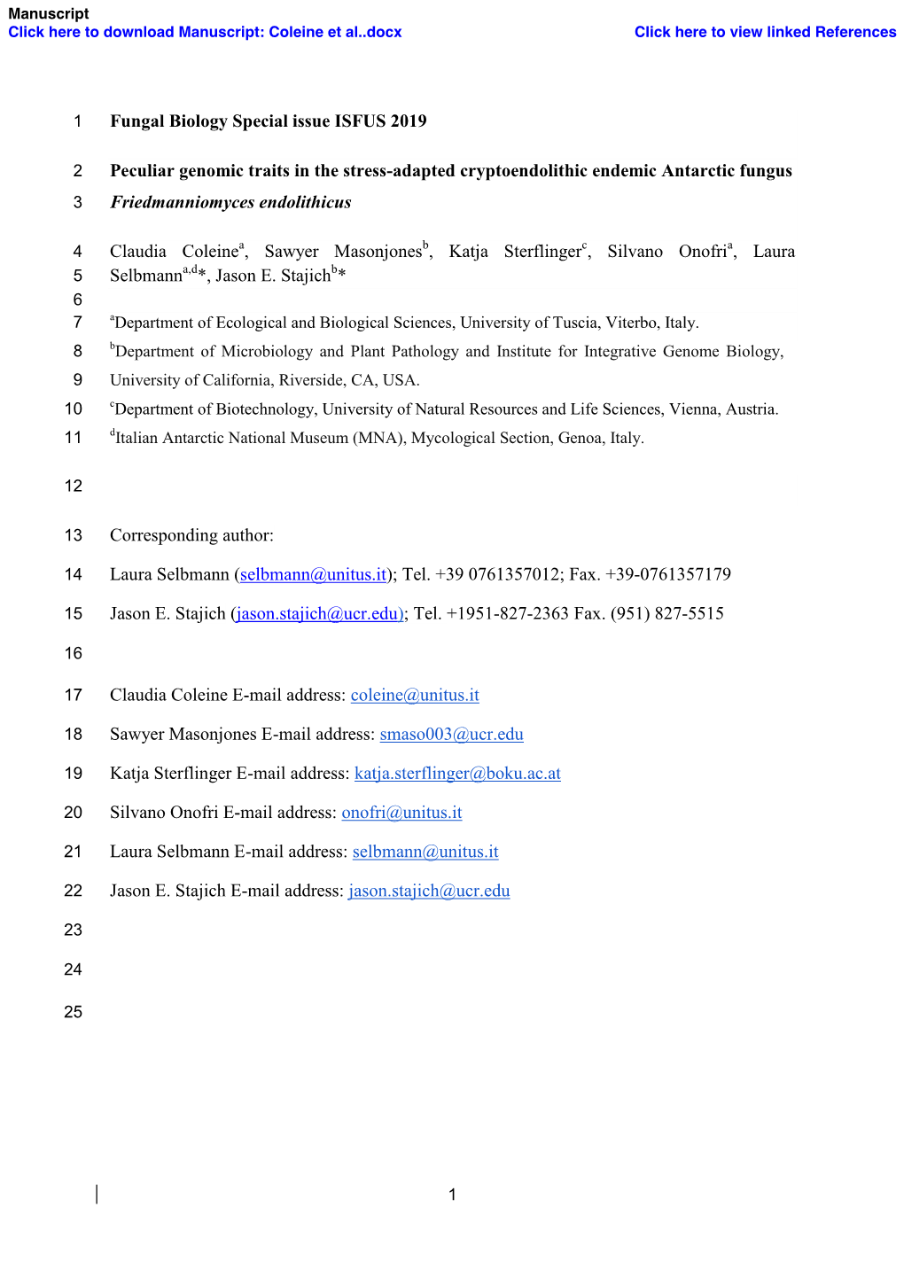 Fungal Biology Special Issue ISFUS 2019 Peculiar Genomic Traits in The