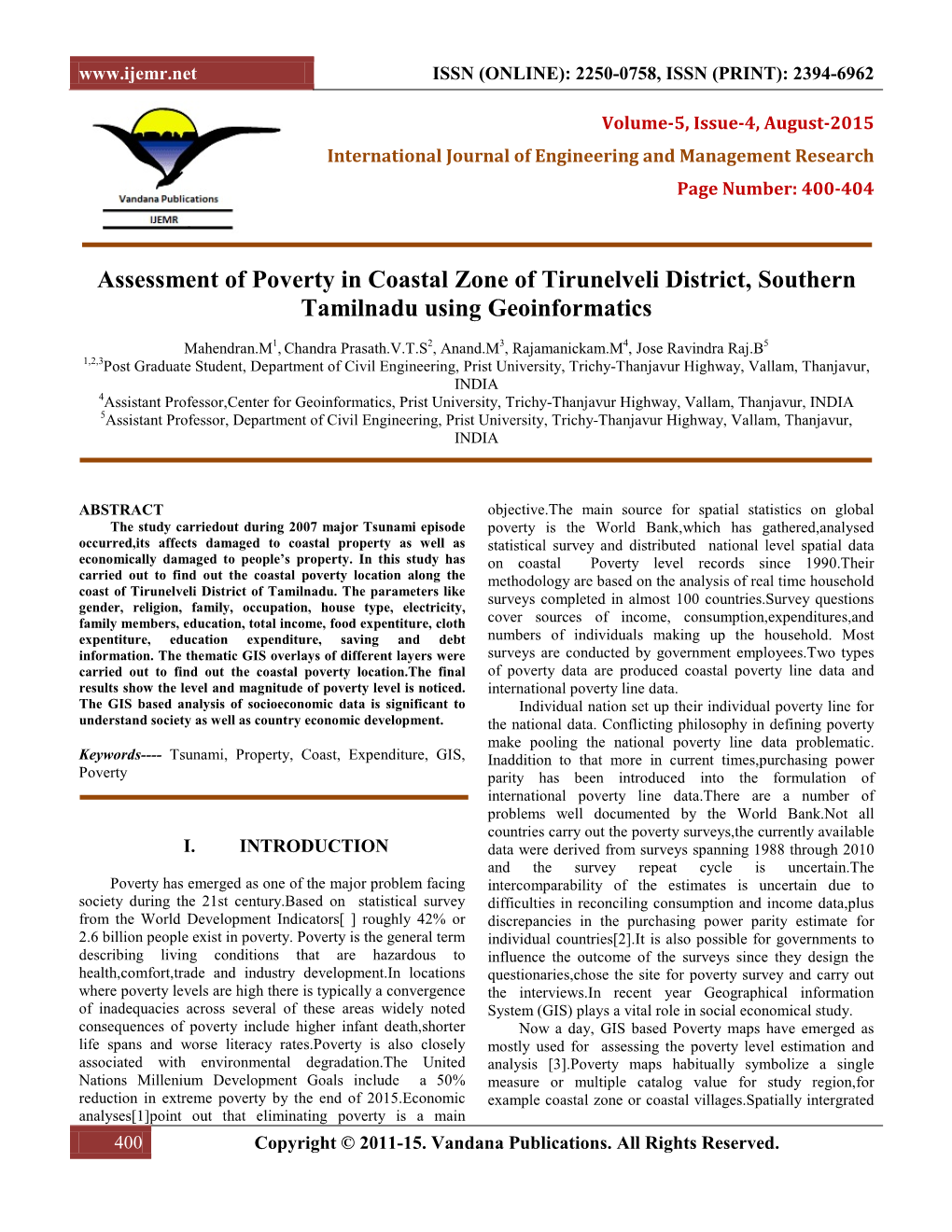 Assessment of Poverty in Coastal Zone of Tirunelveli District, Southern Tamilnadu Using Geoinformatics