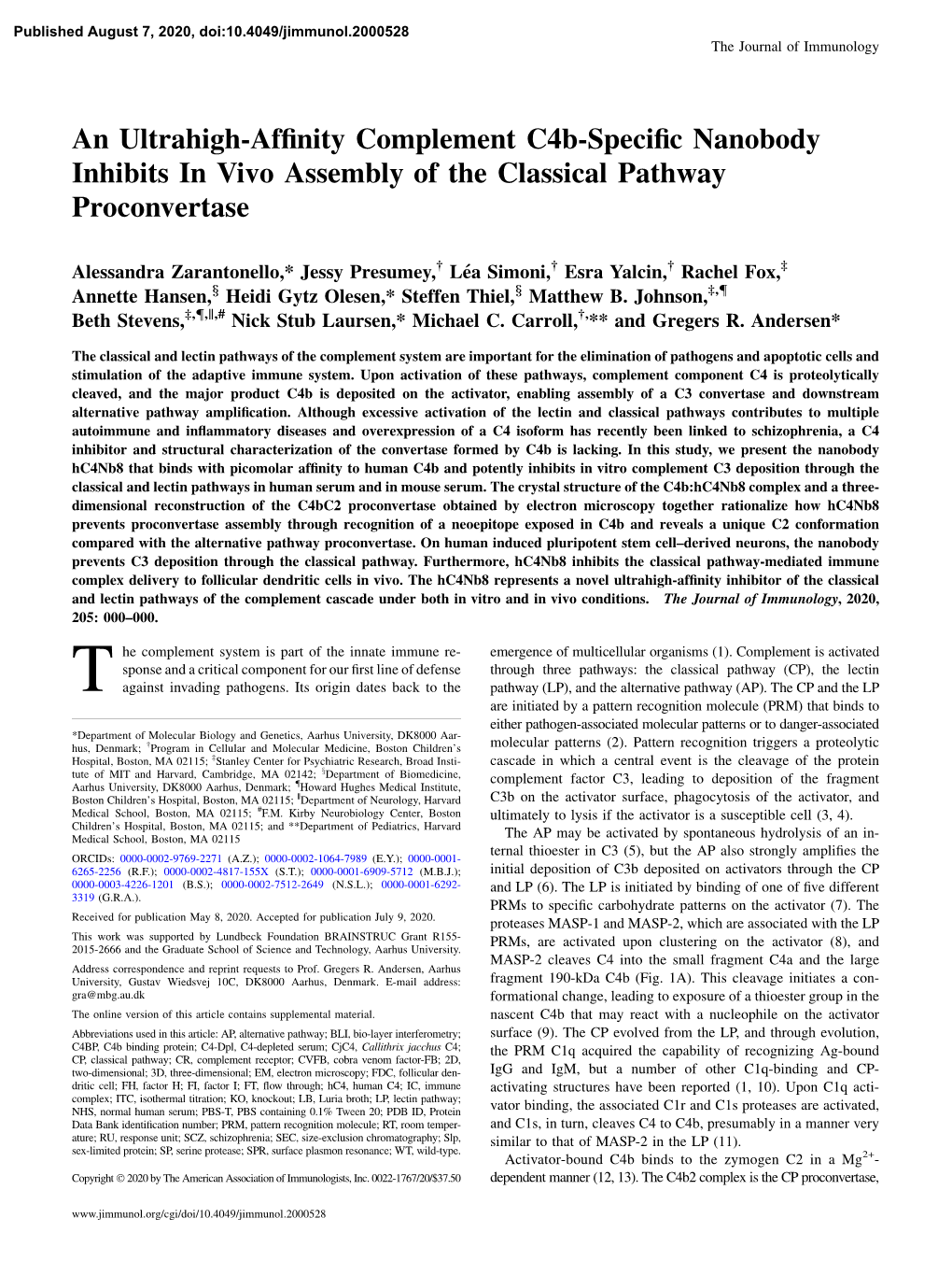 An Ultrahigh-Affinity Complement C4b-Specific Nanobody Inhibits in Vivo