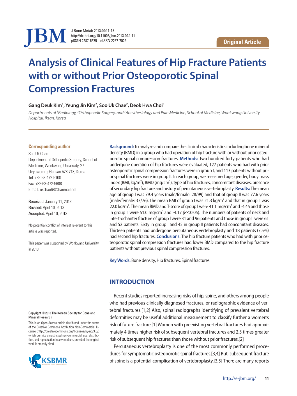 Analysis of Clinical Features of Hip Fracture Patients with Or Without Prior Osteoporotic Spinal Compression Fractures