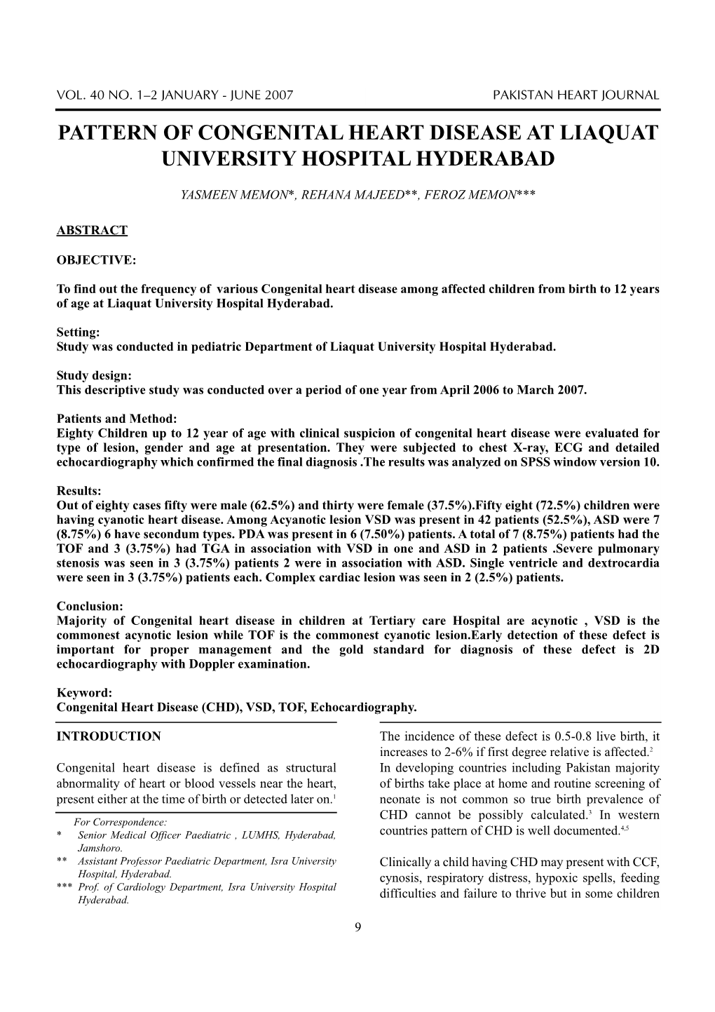 Pattern of Congenital Heart Disease at Liaquat University Hospital Hyderabad